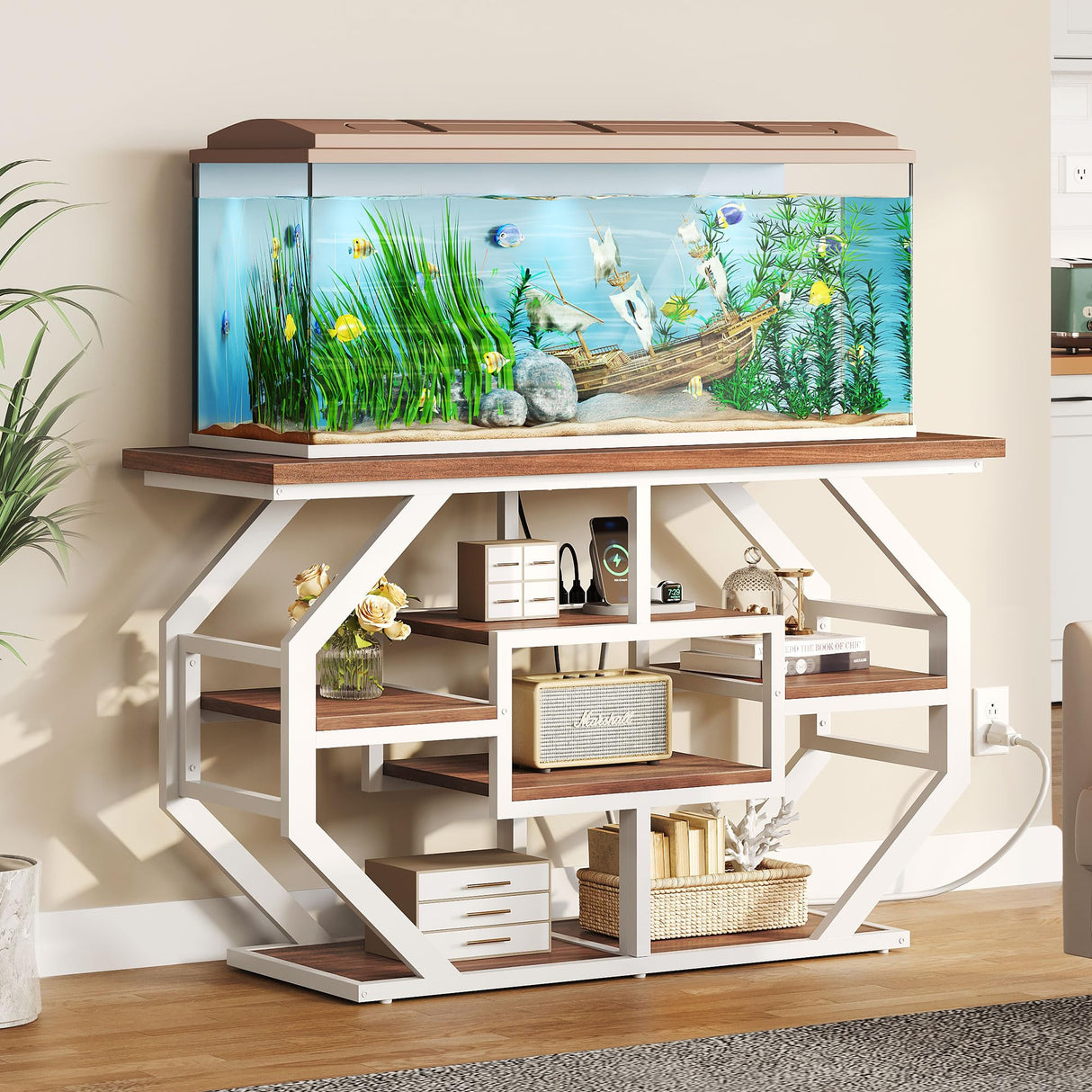 YITAHOME Heavy Duty 55-75 Gallon Fish Tank Stand with Power Outlet, Marble Aquarium Stand for Fish, Turtle, Reptile Terrarium, Shelves for Fish Tank Accessories Storage, 860LBS Capacity, White & Walnut YITAHOME