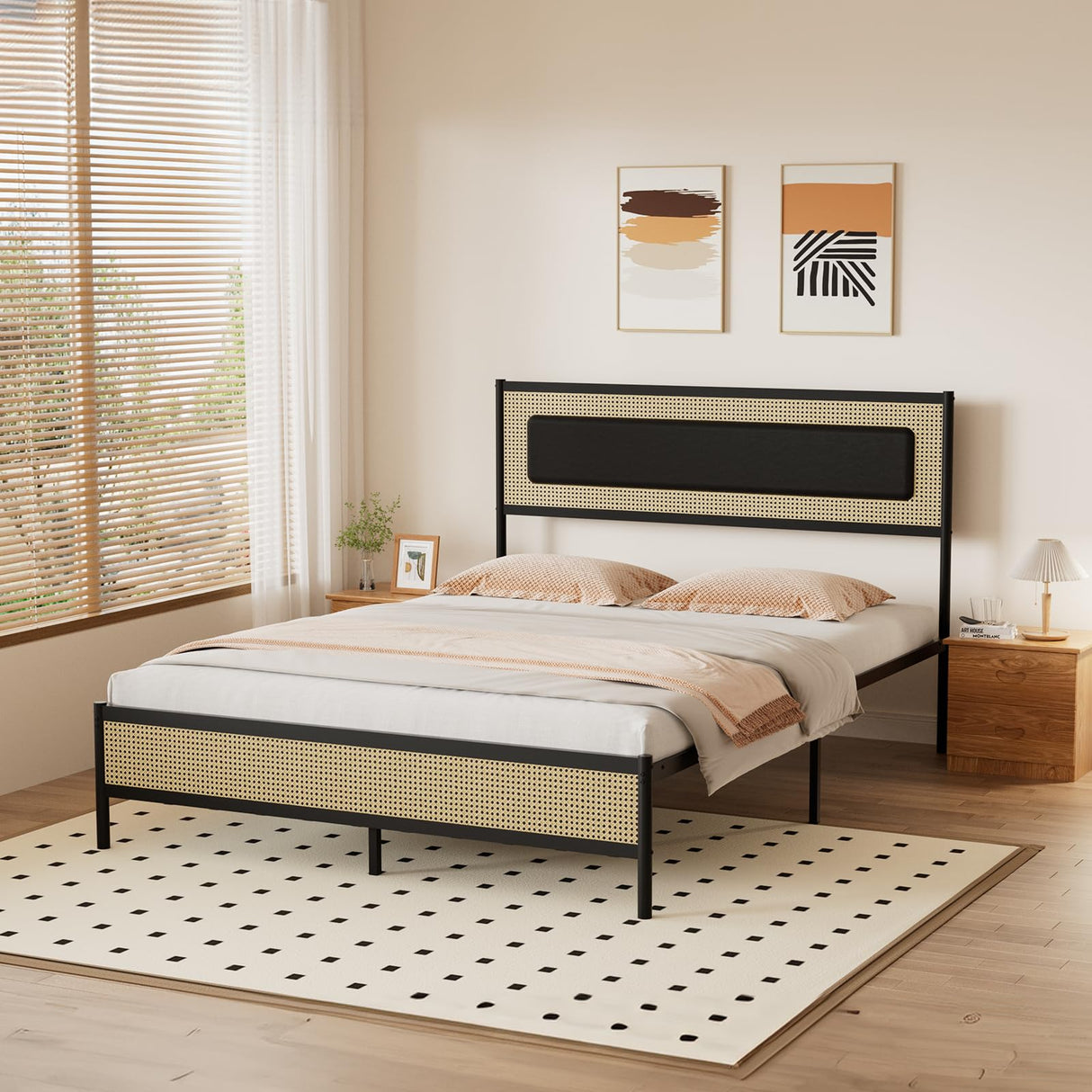 RESLLOWE Rattan Style Bed Frame Full Size Metal Platform Frame with Soft Leather Sponge Wrapping Headboard, Solid and Stable, Noise Free, Suitable for Bedroom RESLLOWE