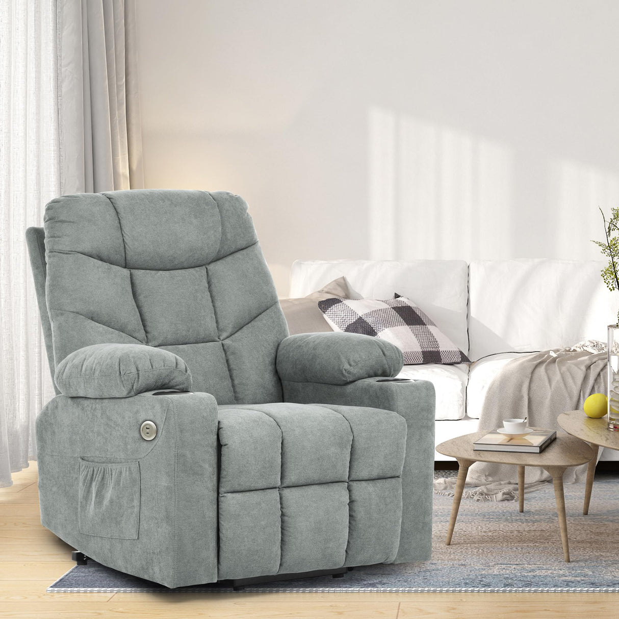 YITAHOME Electric Power Lift Recliner Chair for Elderly, Fabric Recliner Chair with Massage and Heat, Spacious Seat, USB Ports, Cup Holders, Side Pockets, Remote Control (Grey) YITAHOME