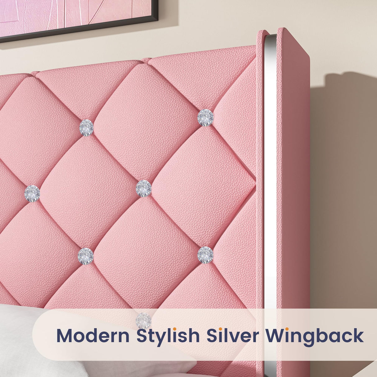 Queen Size Bed Frame with Diamond Headboard, Pink Bed Frame Queen, Upholstered Platform Bed Frame Faux Leather, Adjustable Crystal Button Tufted Headboard, Wood Slat Support, Easy Assembly, Pink HOMBCK
