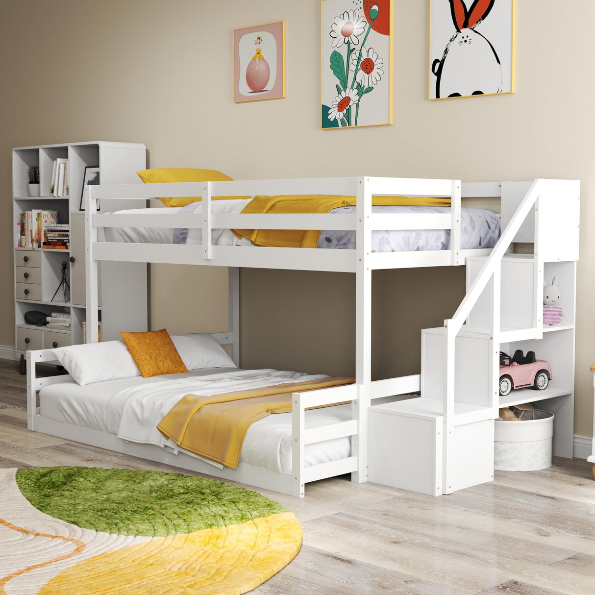 KOMFOTT Wood Twin Over Full Low Bunk Bed with Storage Staircase, Wooden Bunk Bed Frame with Full-Length Guardrails, Low Profile Bunk Bed with Slats Support, No Box Spring Needed (White) KOMFOTT