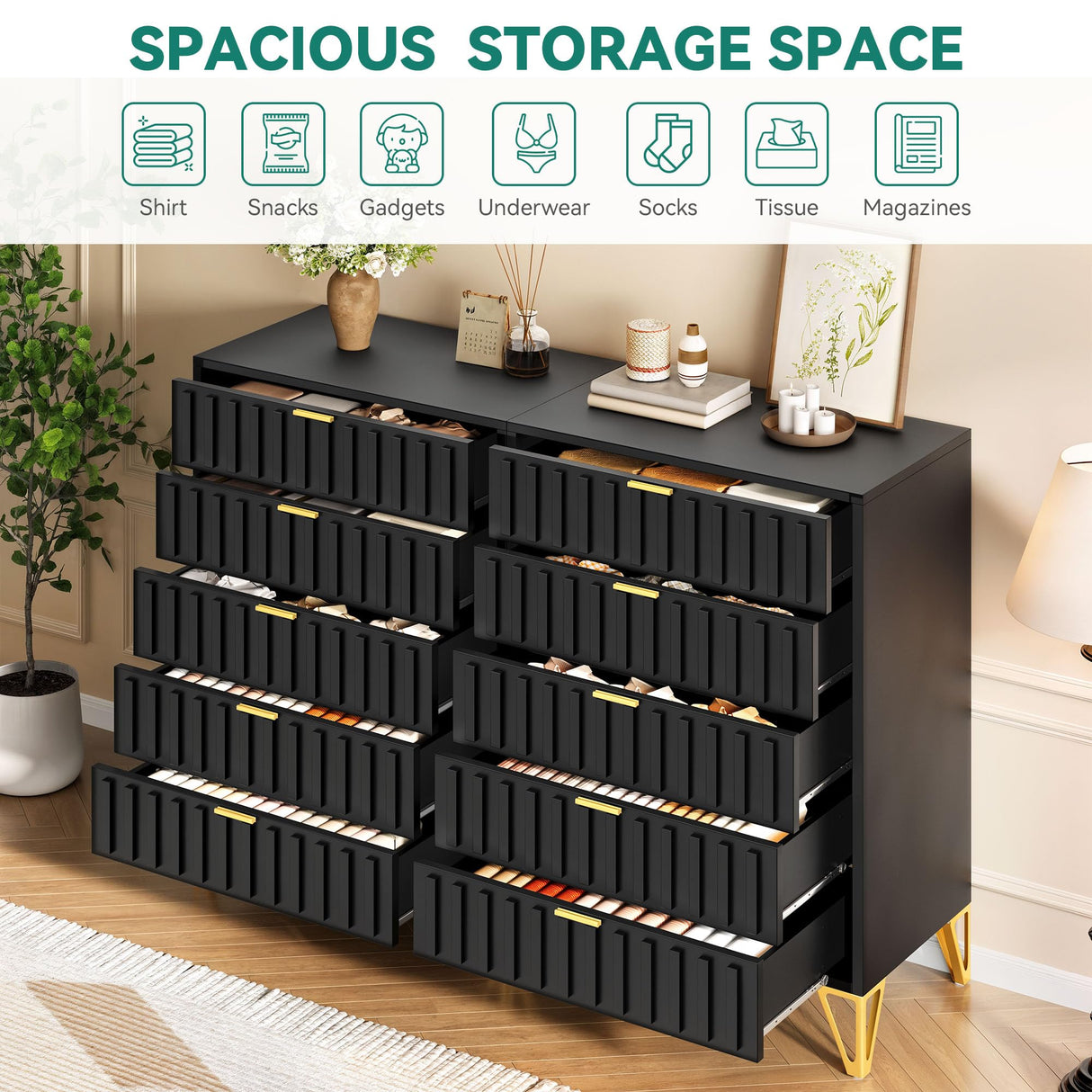 YITAHOME Fluted Dressers, 5 Drawer Dressers & Chests of Drawers, Metal Modern Dresser for Room, Entryway, Hallway, Black YITAHOME
