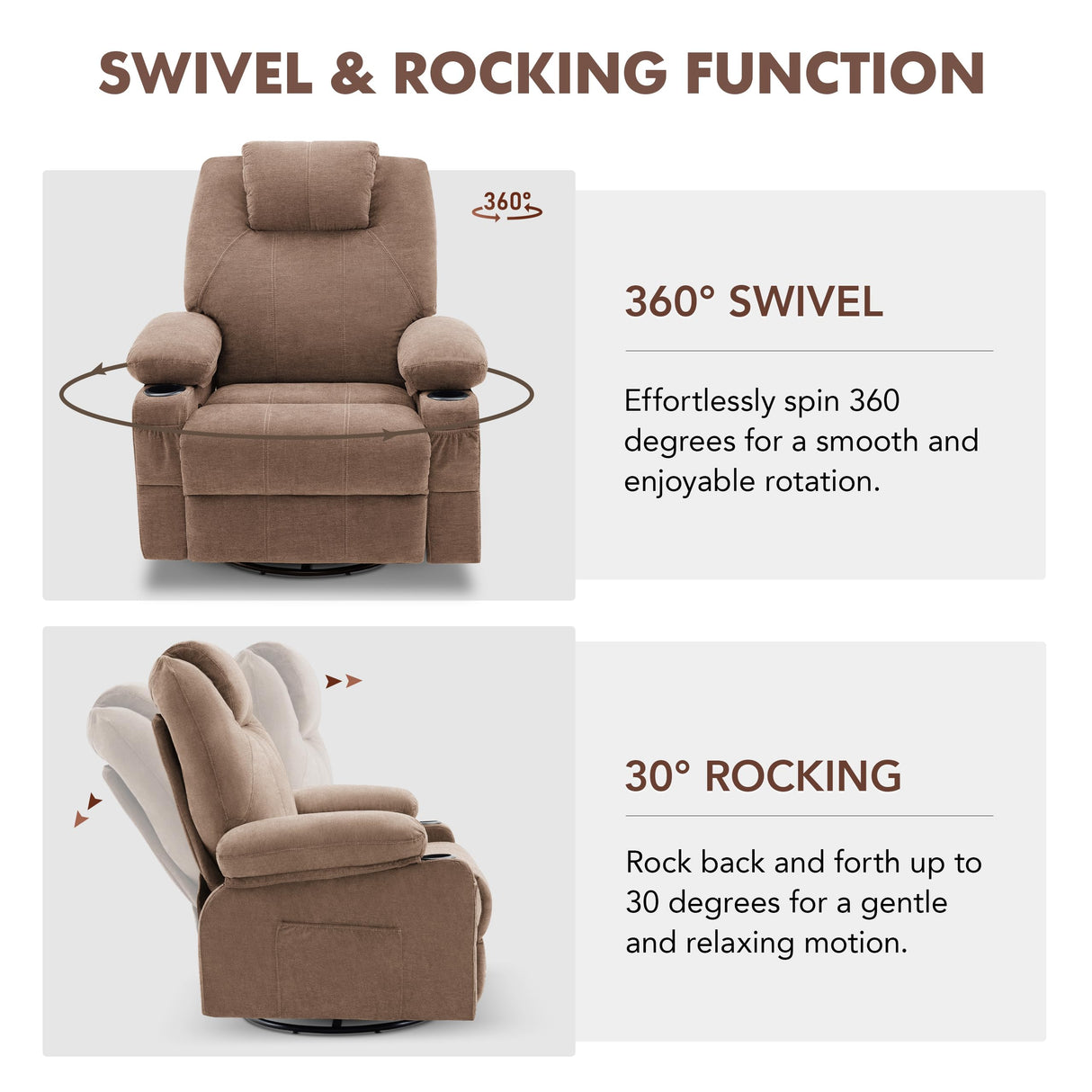 Weture Swivel Rocker Recliner Chair with Heat and Massage, 360 Degree Swivel Rocking Single Sofa with Cup Holders and USB Port, Big Oversized Recliner Chair for Living Room (Fabric, Brown) Weture