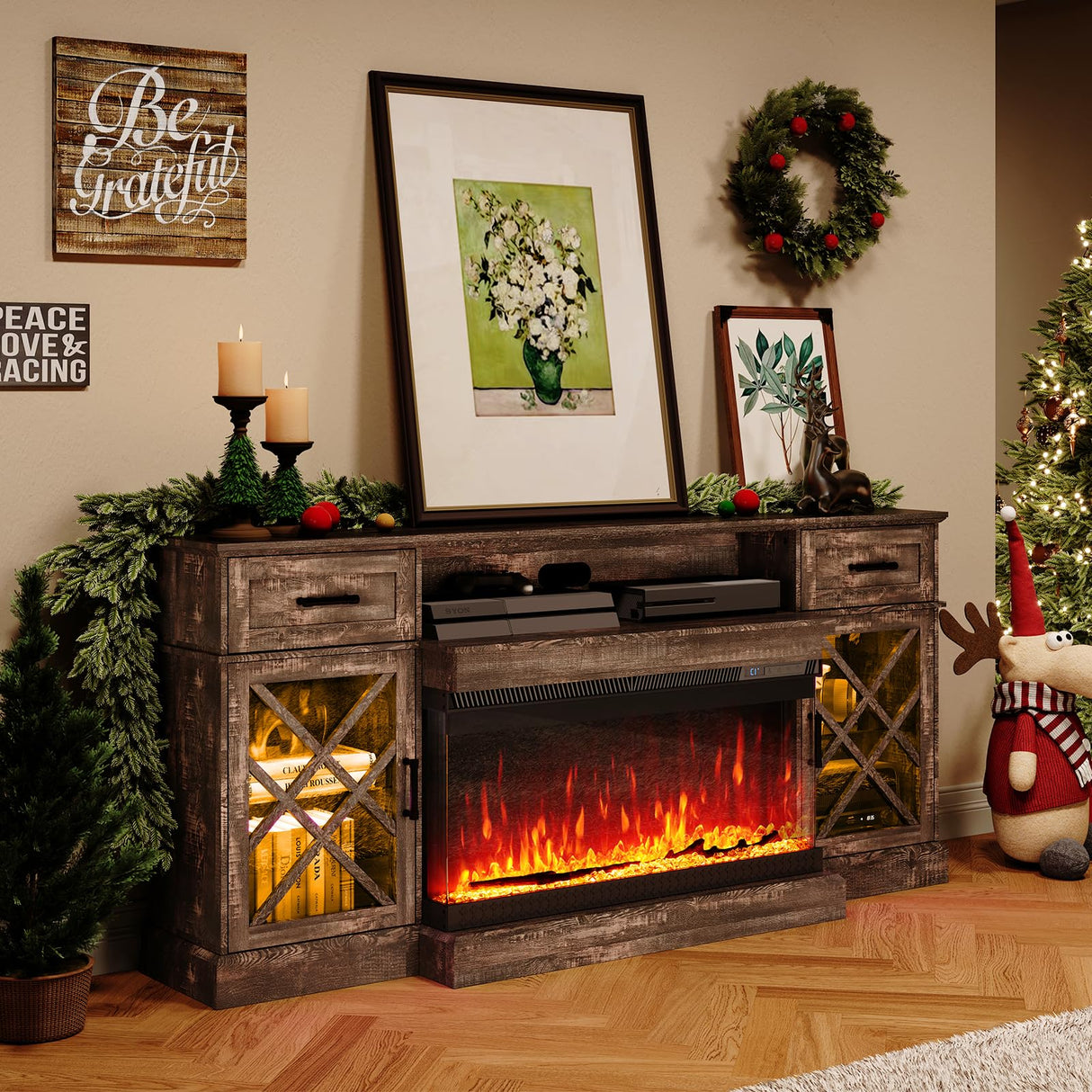 AMERLIFE Farmhouse LED Fireplace TV Stand with 3-Sided Glass Fireplace, 70" Large Entertainment Center for TVs up to 80", Rustic TV Console with Glass Door Storage for Living Room, Dark Oak Wood AMERLIFE