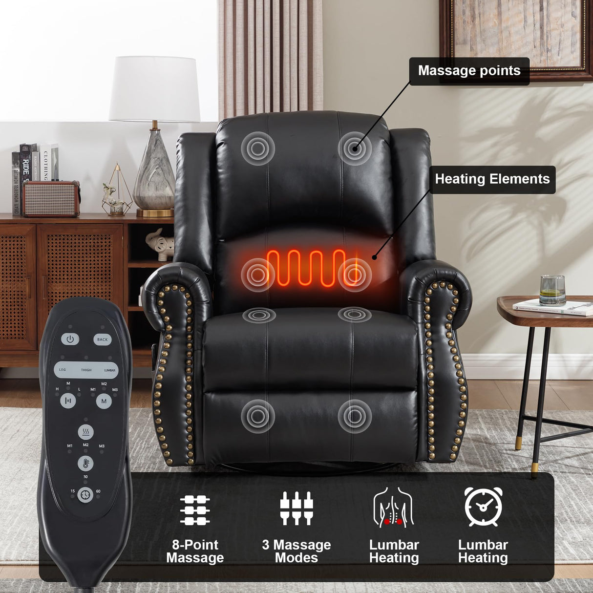 RHHVVR Classic Rivets Leather Power Recliner Chair for Living Rooms, Swivel Rocker Recliner Chair with Heat and Massage, Wall Hugger Glider Reclining Sofa for Small Spaces, Black RHHVVR