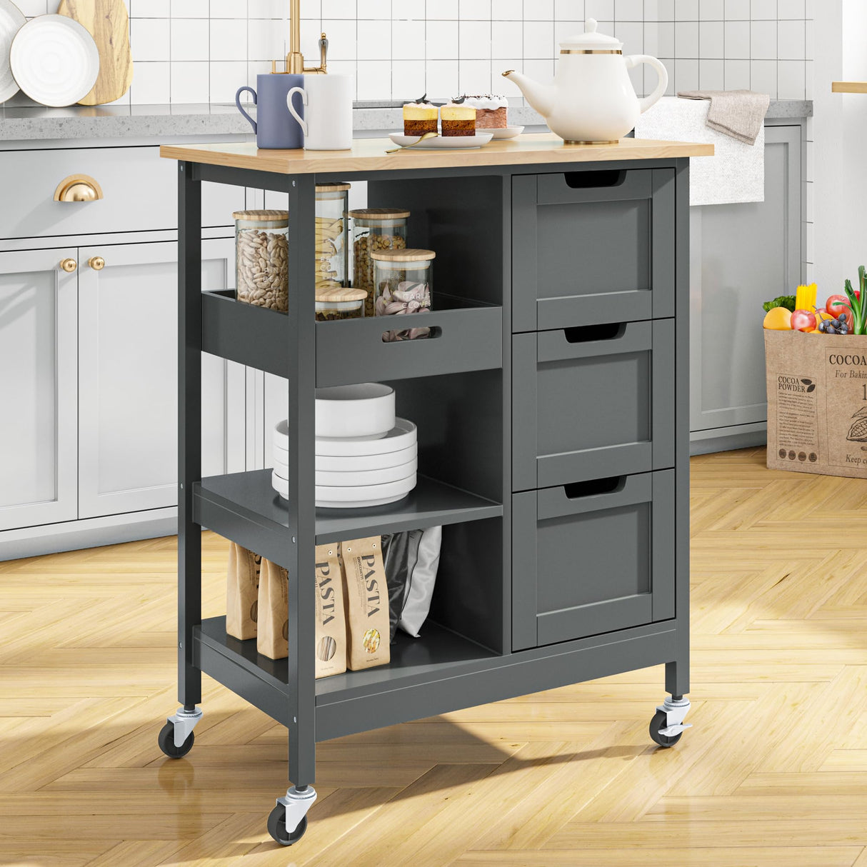 YITAHOME Small Solid Wood Top Kitchen Island Cart on Wheels with Storage, Rolling Portable Dining Room Serving Utility Carts Mobile Movable with 3 Drawers Cabinet, Gray YITAHOME