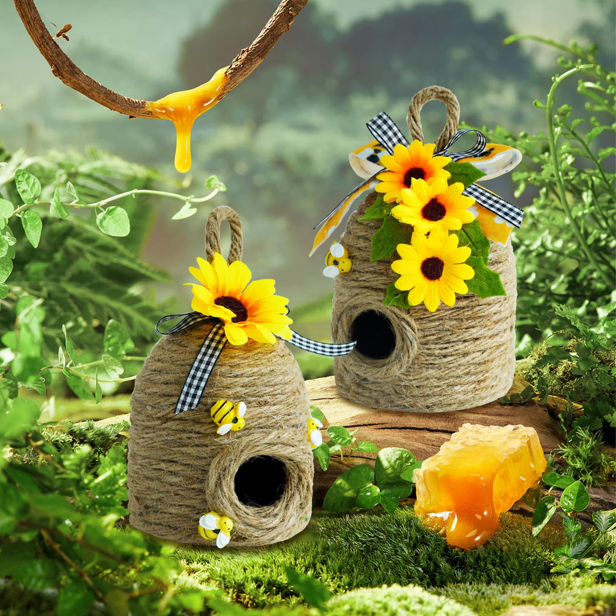 Bigger Bee Hive Decor,2 Pack Bumble Bee Rustic Decor Hive,Natural Bee House, Bumble Bee Theme Party Decor Spring Summer Rustic Farmhouse Kitchecn Table Decor, Honey Bee Tiered Tray Decor CRCZK