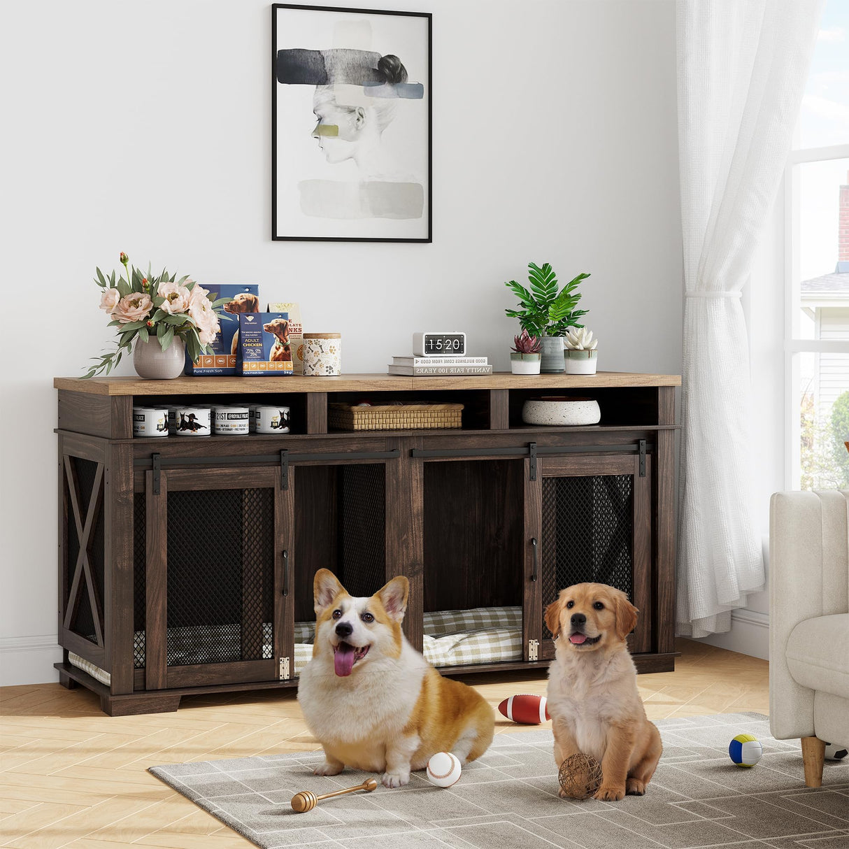 PeakPursuit 71" Extra Large Dog Crate Furniture,Wooden Double Dog Crates Kennel Cage,Furniture Style TV Stand Side End Table for 2 Dogs with Removable Divider for Large Dogs,Dark Walnut/Light PeakPursuit