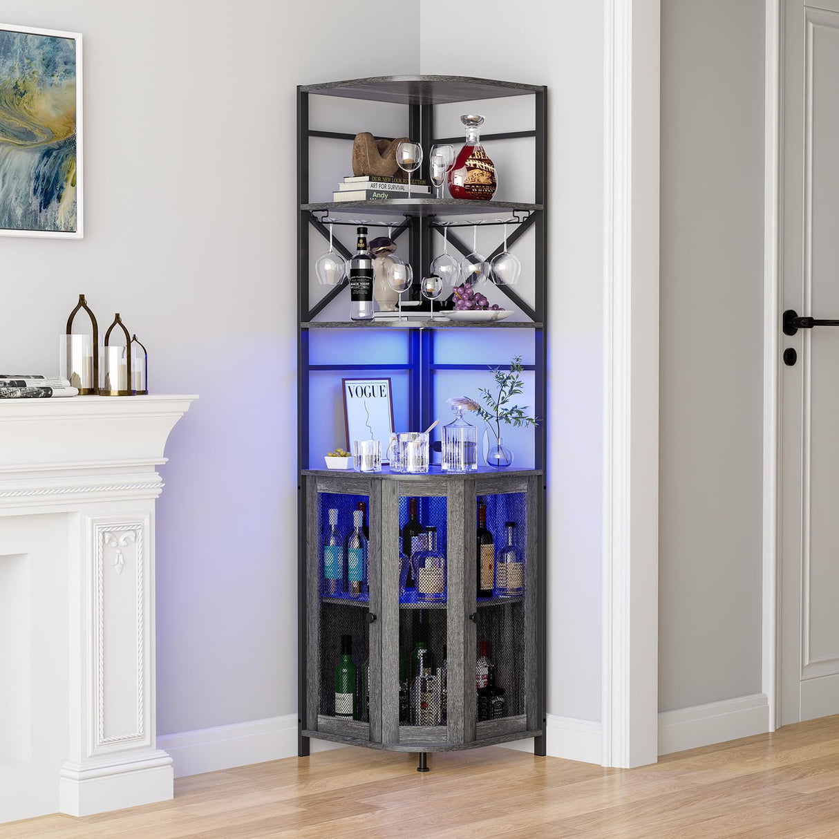 Aufvolr Wine Bar Cabinet with Power Outlet, 6-Tiers Industrial Wine Cabinet with LED Light and Glass Holder, Corner Bar Cabinet with Adjustable Shelf and Mesh Door, Liquor Cabinet Bar for Home Aufvolr