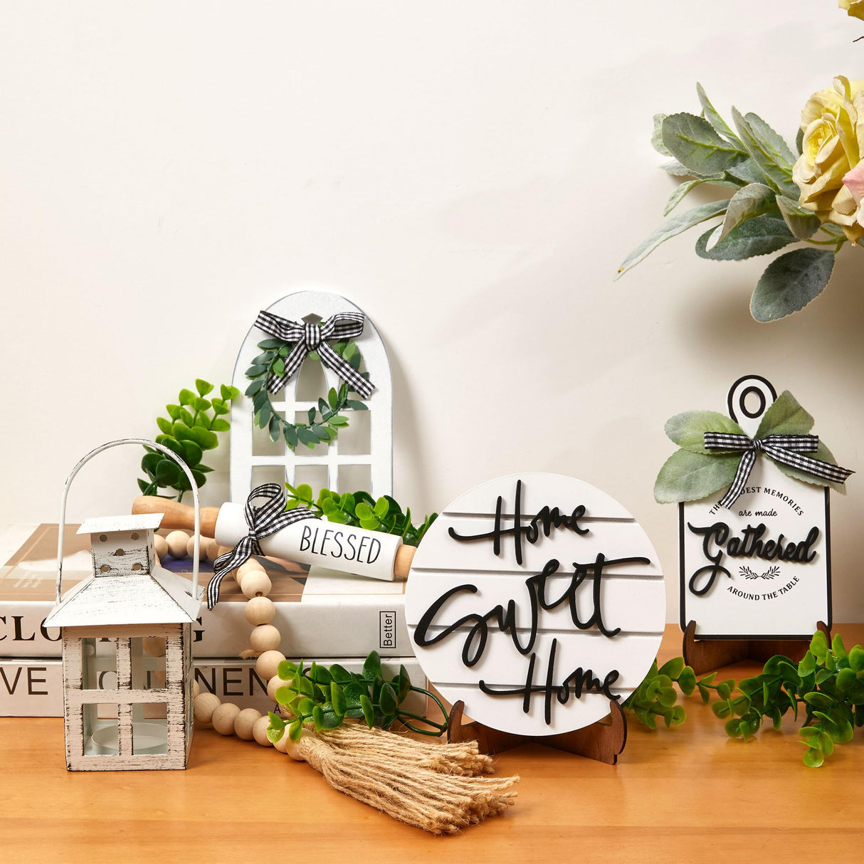 Houmury Set of 17 Farmhouse Tiered Tray with 1 Lantern Artificial Plant& Cutting Board Sign for Rustic Home Sweet Home Kitchen Decor Tier Tray Decor Set Houmury