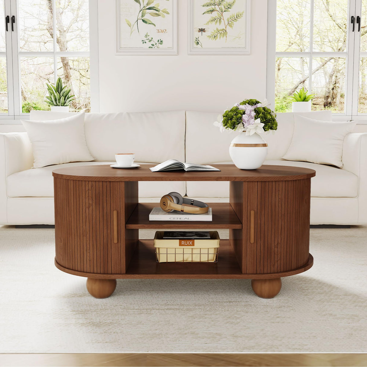 QEIUZON Rectangle Coffee Table, Fluted Coffee Tables for Living Room, Mid-Century Coffee Table Center Table with Storage & Sliding Doors for Apartment, Home Office (Walnut) QEIUZON