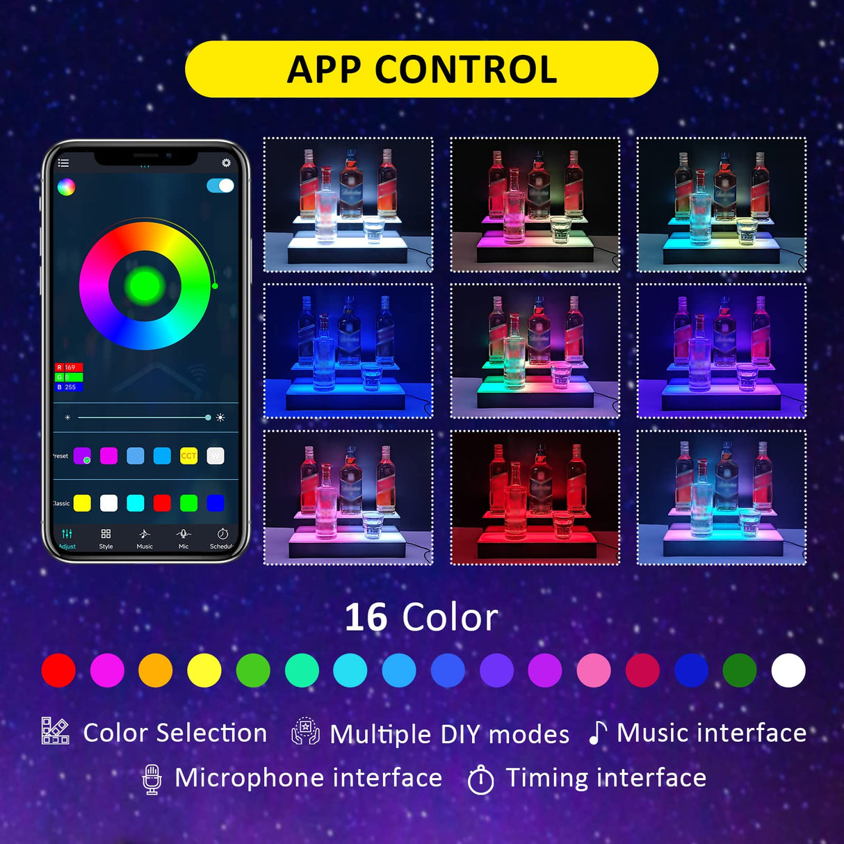 VONCI 16 Inch LED Lighted Liquor Bottle Display Shelf, 2 Step Acrylic Illuminated Bar Bottle Display Shelf with Remote and App Control for Home Commercial Bar Party VONCI