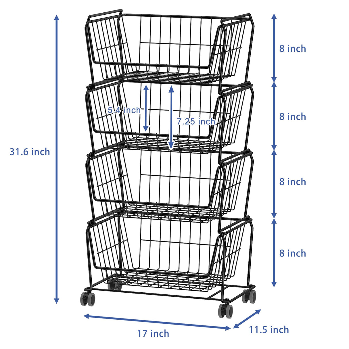 PUSDON Stackable Metal Storage Carts, Dual Use Shelf for Kitchen Fruit Vegetable Baskets with Wheels, Storage Rack for Living Room, Home & Office, Standard Black 4 Tiers PUSDON