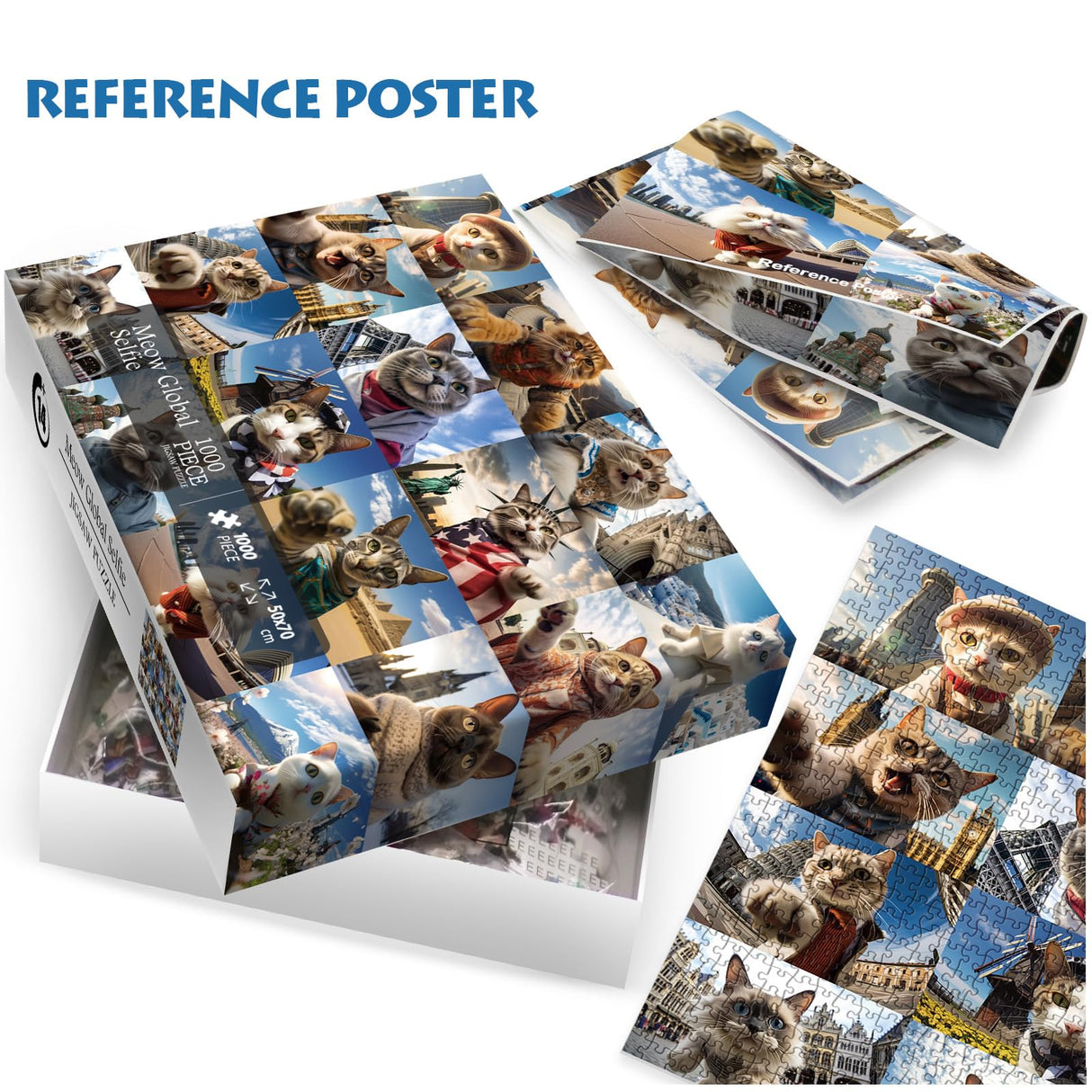 Funny Cat Puzzles for Adults 1000 Piece, Selfie Cat Animal Jigsaw Puzzle, Cat Travels Around The World Puzzle as Home Decor IdeaBazar