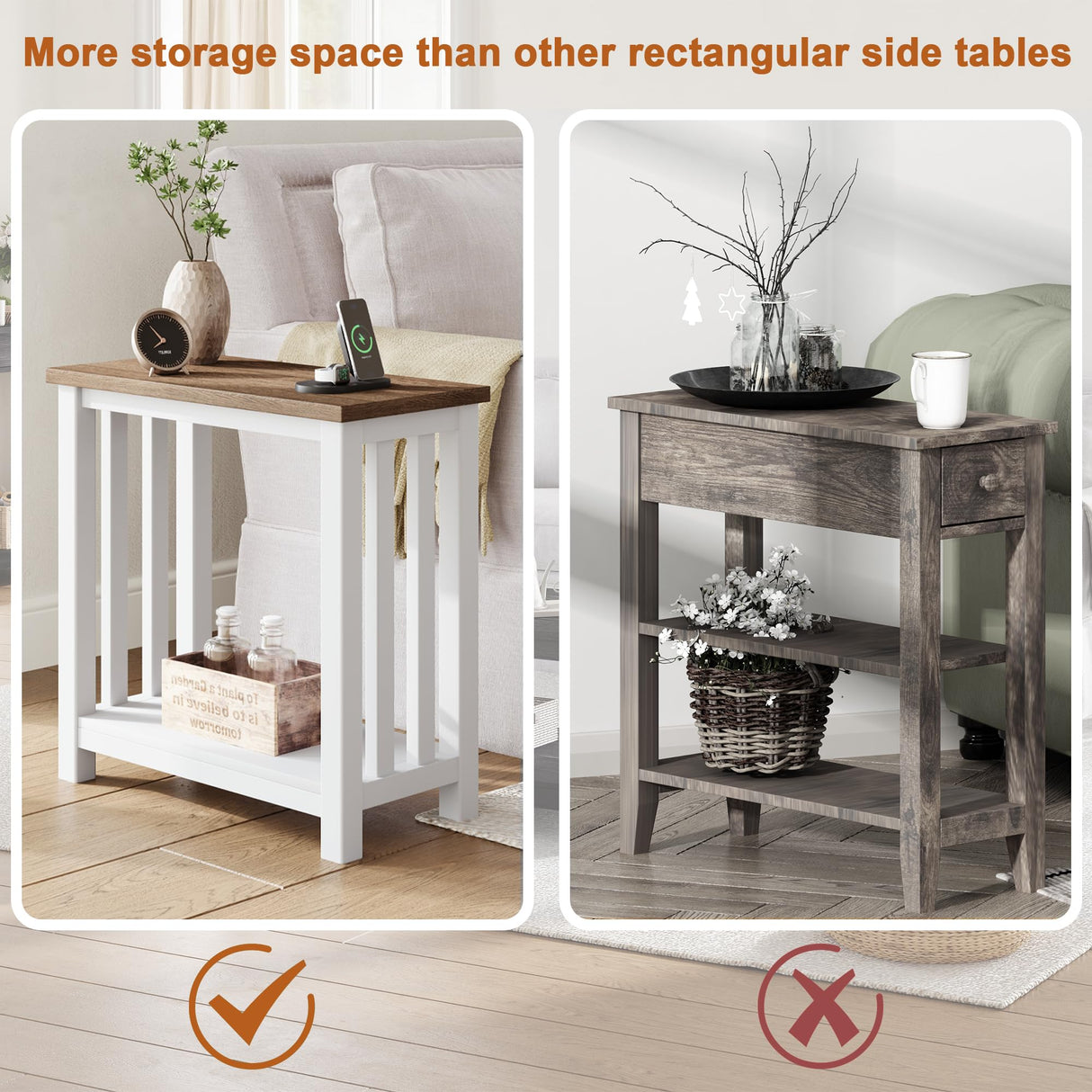 ChooChoo Farmhouse End Tables Set of 2, Narrow Side Tables for Small Spaces, Night Stands with Storage Shelf for Living Room and Bedroom, White and Brown ChooChoo