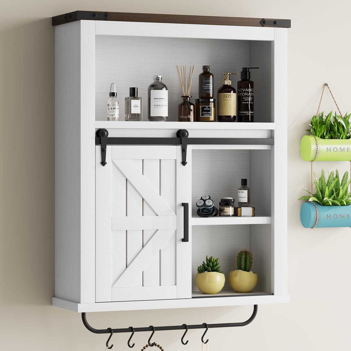 Vagaconl Bathroom Wall Cabinet, Farmhouse Medicine Cabinet Bathroom Cabinet Wall Mount with Barn Door Adjustable Shelves Towel Bar Hooks, for Laundry Bathroom Kitchen(Brown & Vintage White) Vagaconl