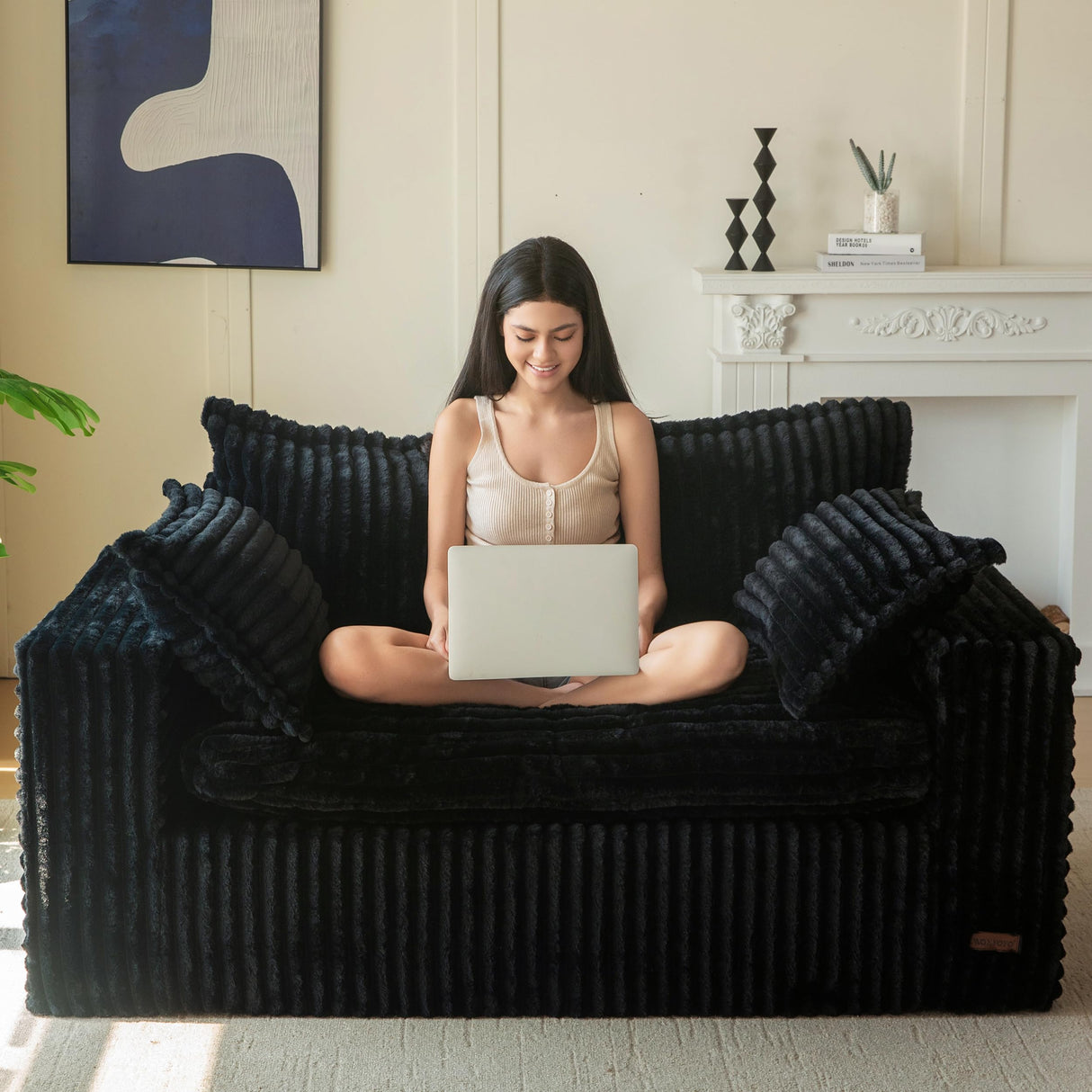 MAXYOYO Bean Bag Chair for Living Room, Upholstered Loveseat Sofa Couch with Deep Seating, Wide Armrests Boneless Couch Sofa in a Box for Bedroom Office Apartment, No Assembly, Black MAXYOYO