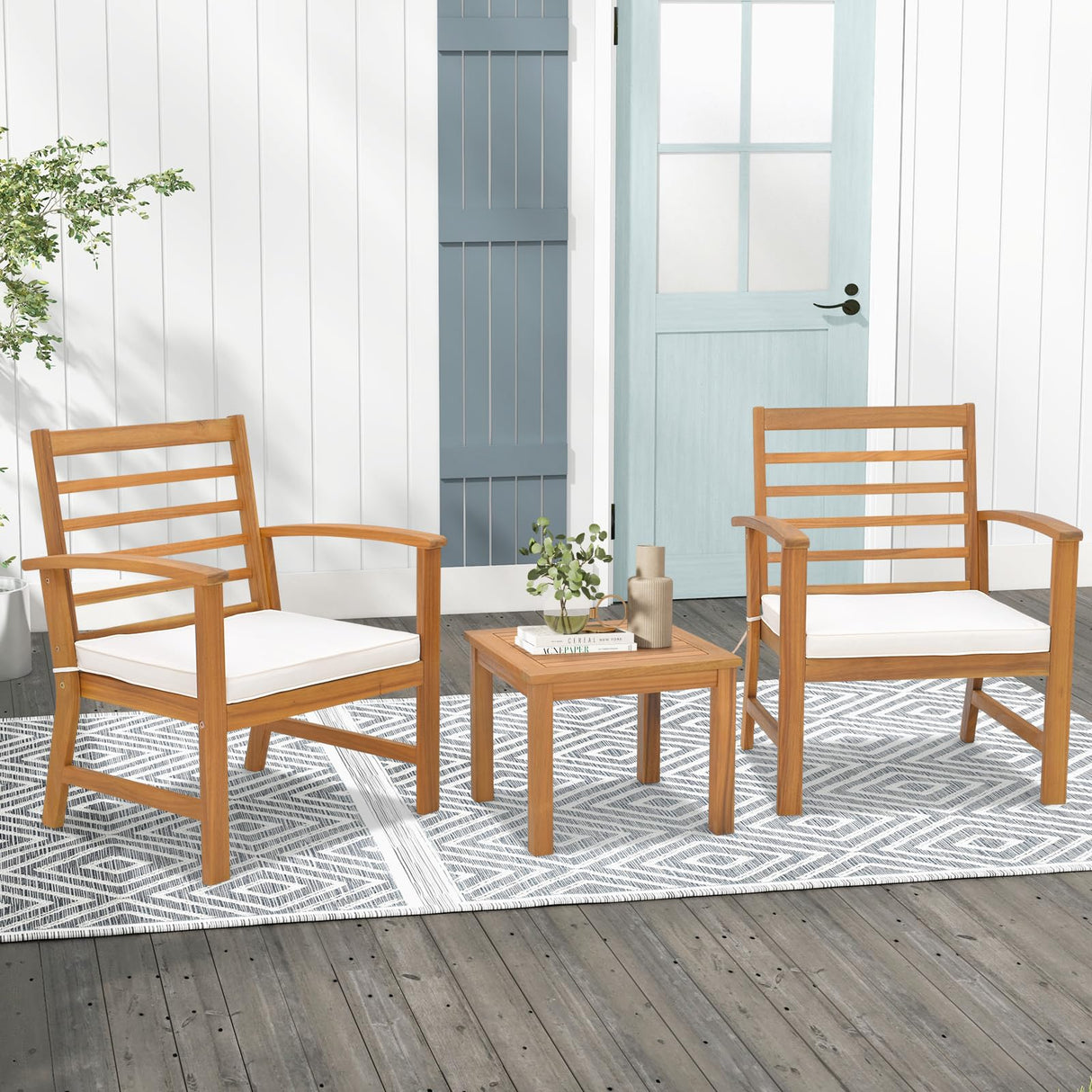 Tangkula 3 Pieces Outdoor Furniture Set, Acacia Wood Conversation Set with Soft Seat Cushions, Stable Acacia Wood Frame, Patio Sofa & Coffee Table Set for Backyard, Porch, Poolside (White) Tangkula
