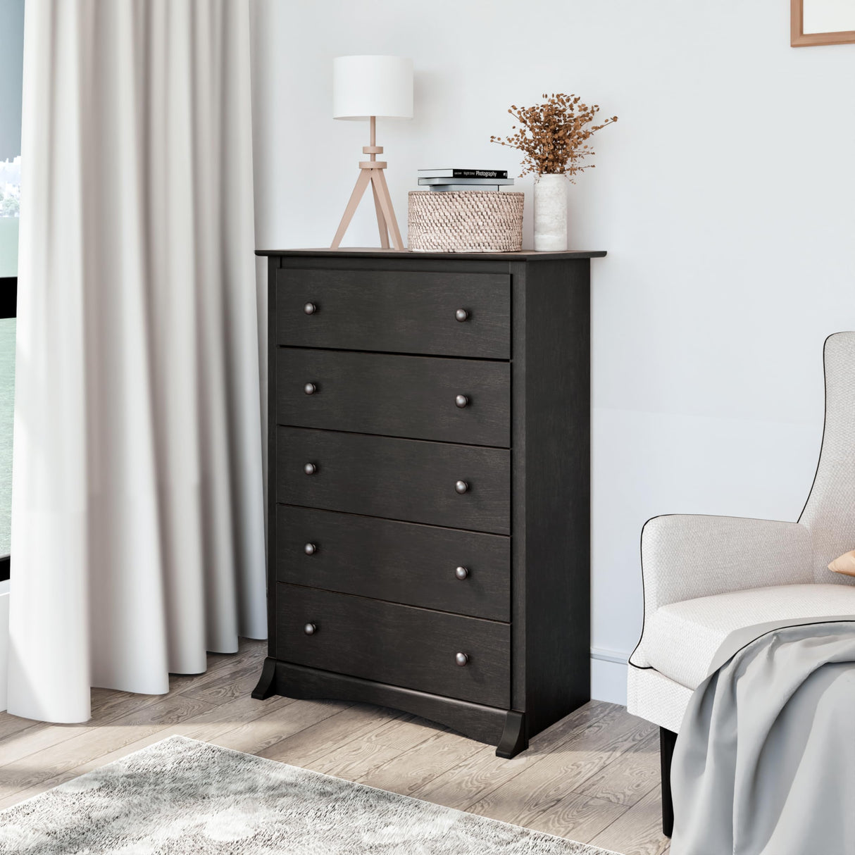 Prepac Sonoma Traditional 5-Drawer Tall Dresser for Bedroom, Functional Bedroom Dresser Chest of Drawers 17.75" D x 31.5" W x 44.75" H, Washed Black, HDC-3345 Prepac