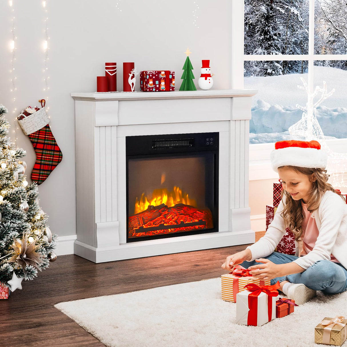 ROVSUN 32'' Electric Fireplace with Mantel, Freestanding Heater w/Remote, Timer, Realistic Flame & Adjustable Temperature for Home Bedroom Living Room Indoor, 1400W ROVSUN