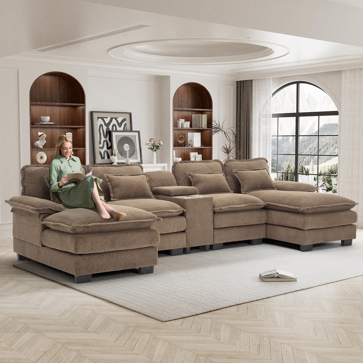 ONEMMLION U Shaped Cloud Couch Sectional Sofa, 124" Comfy Fluffy Chenille Brown Sectional Couches for Living Room with Double Chaise Lounge, Modern Modular Sofa with Central Console USB Port ONEMMLION