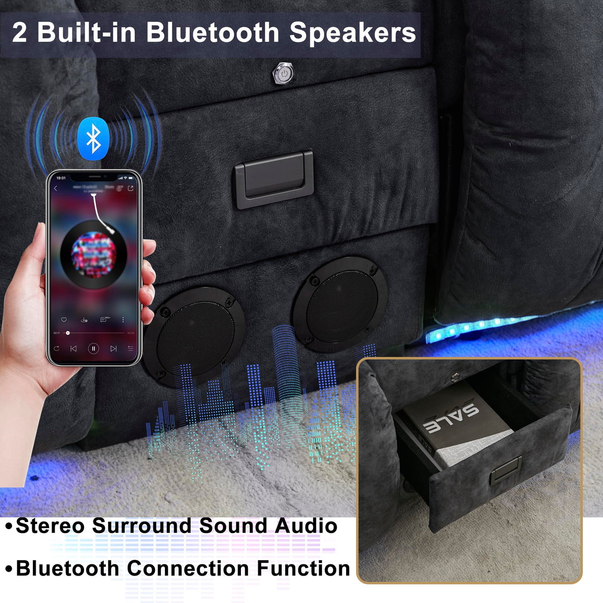 URRED Loveseat Recliner Sofa with Massage and Heat, Power Reclining Loveseat Sofa RV Couch with Console, Home Theater Seating with LED Lights, Bluetooth Speakers, USB, Outlets, Velvet, Dark Grey URRED