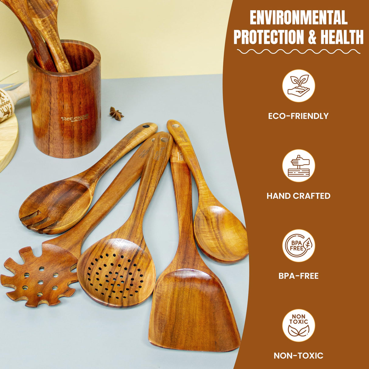 Renexas 9 Pcs Wooden Spoons for Cooking Utensils, Natural Teak Wooden Cooking Spoons with Nonstick Spatula Set, Bamboo Kitchen Utensils With Holder, Wood Spoon Set for Kitchen Essentials Renexas