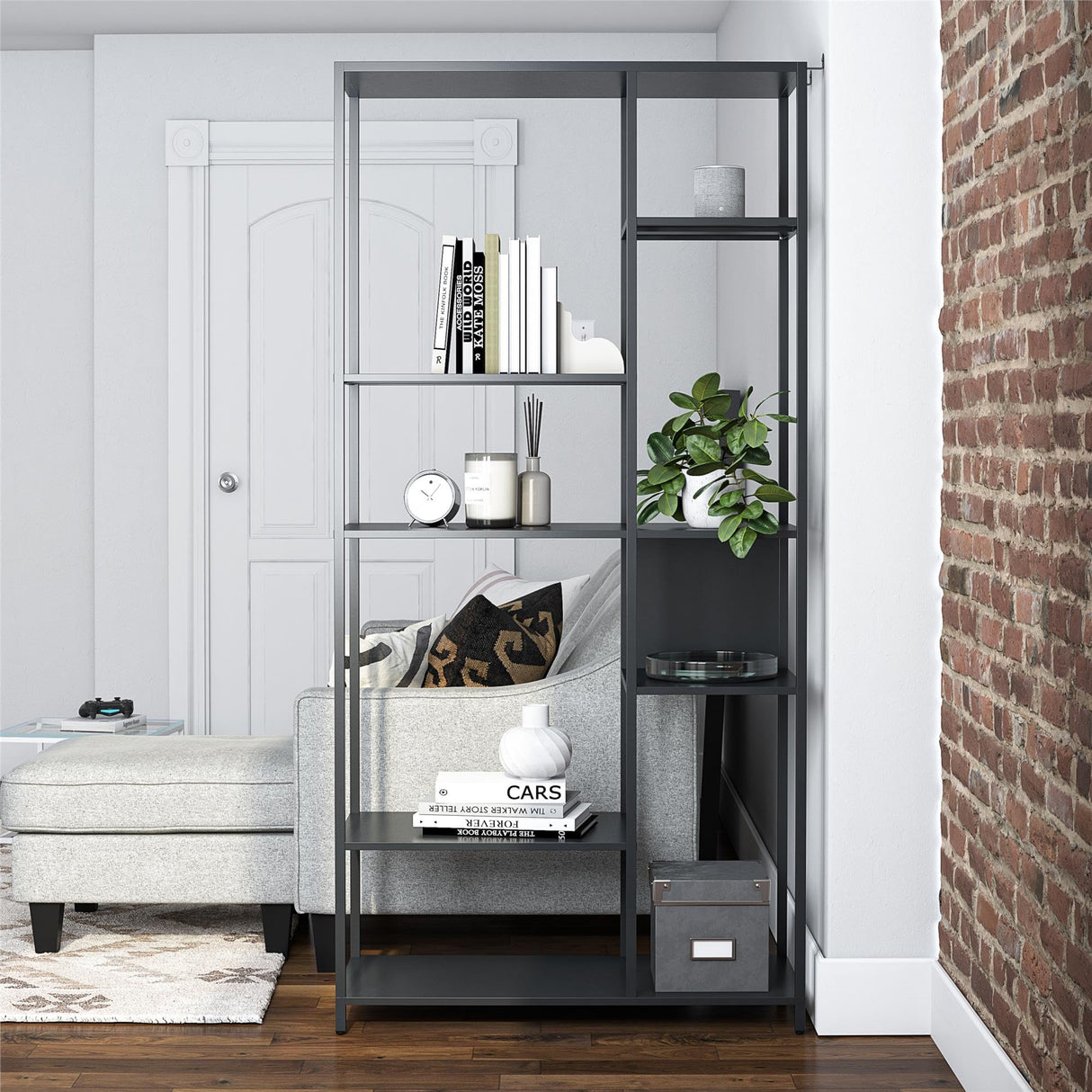 REALROOMS Shadwick 6-Shelf Metal Bookcase Room Divider for Living Room or Bedroom, Black REALROOMS