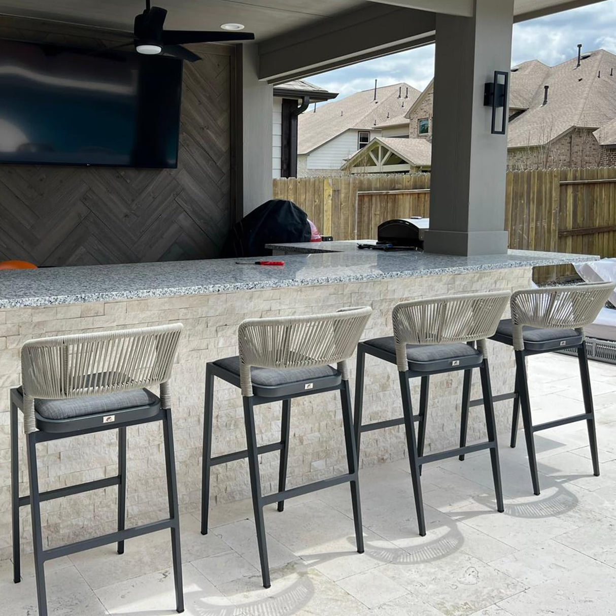 PURPLE LEAF Bar Stool Set of 4 Outdoor Rattan Bar Chair Aluminum Bar Height Stool Barstool Dark Grey PURPLE LEAF