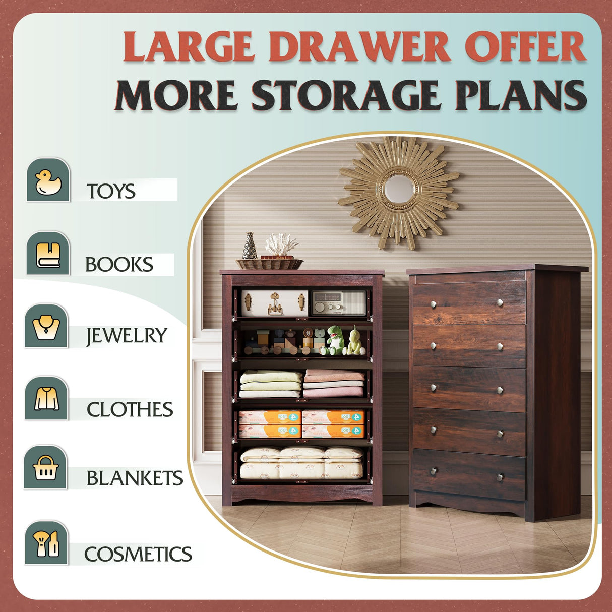 WLIVE Wood Dresser with 5 Drawer, Cabinets Dressers Wood Dresser Cabinet, Organizer Drawers for Bedroom, Living, Hallway, Measuring 15.7" W*31.4" D*45.3" H, Brown WLIVE