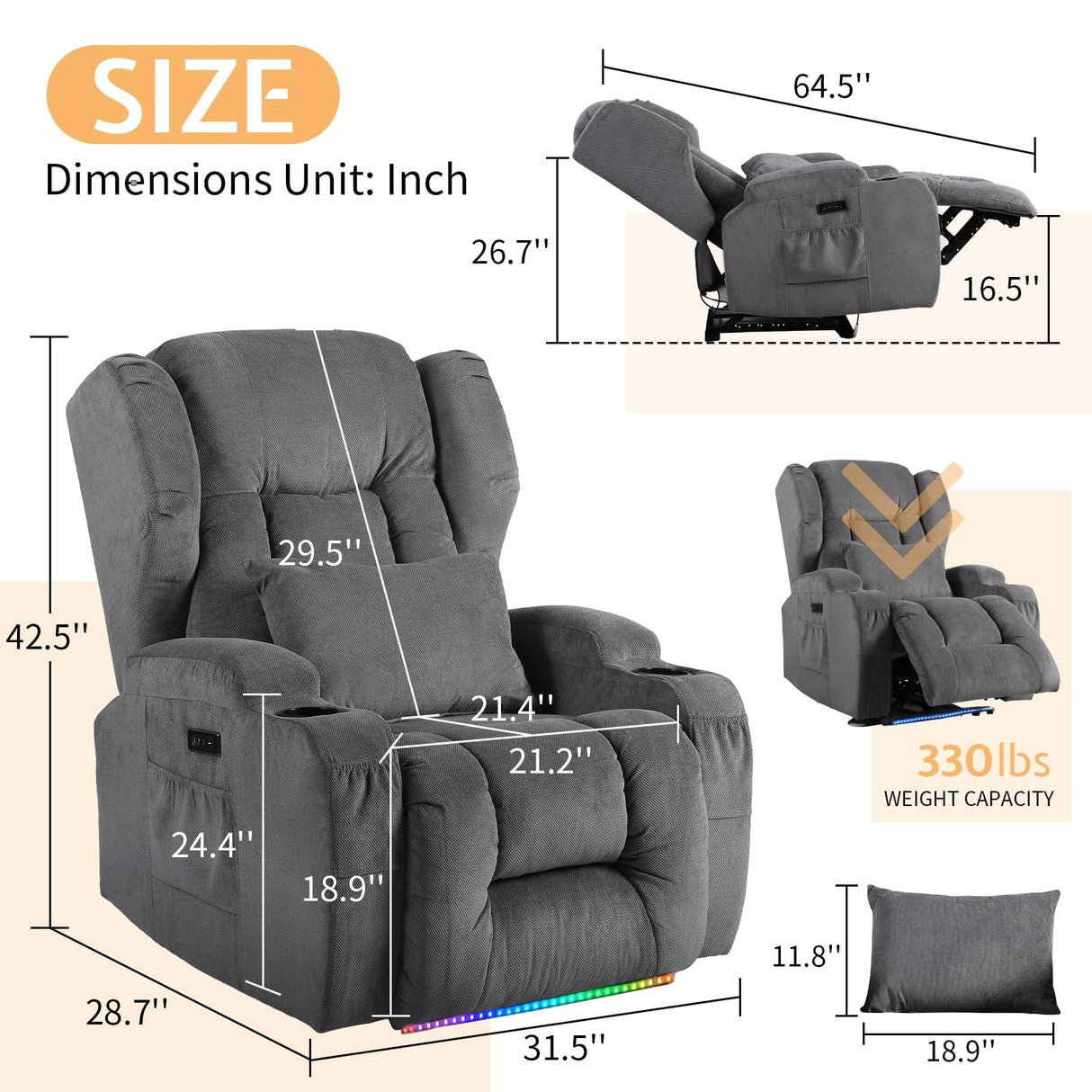 BINGTOO Electric Power Recliner Chair with Massage & Heat - Ergonomic Wingback Lounge Sofa Chair for Living Room, Home Theater Seating & RV with LED Light/Cup Holders/USB Ports, Grey BINGTOO