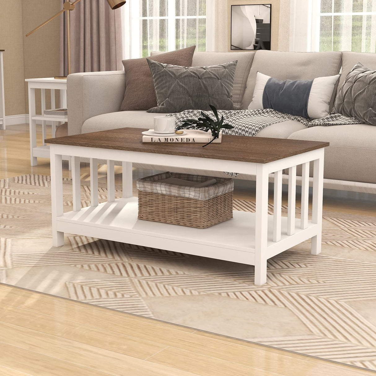 ChooChoo White Coffee Table, Farmhouse Living Room Table with Shelf, 40 Inch ChooChoo