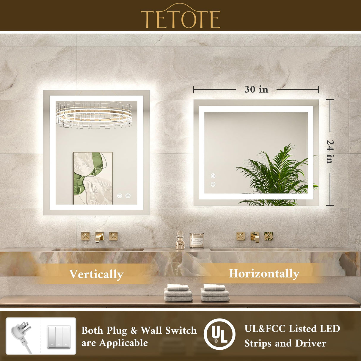 TETOTE LED Bathroom Mirror 24 x 30 Inch Lighted Bathroom Vanity Mirror with Lights, Brighter Frontlit and Backlit Light up Anti Fog Mirror, 3-Color Dimmable, Shatterproof Tempered Glass, Waterproof TETOTE