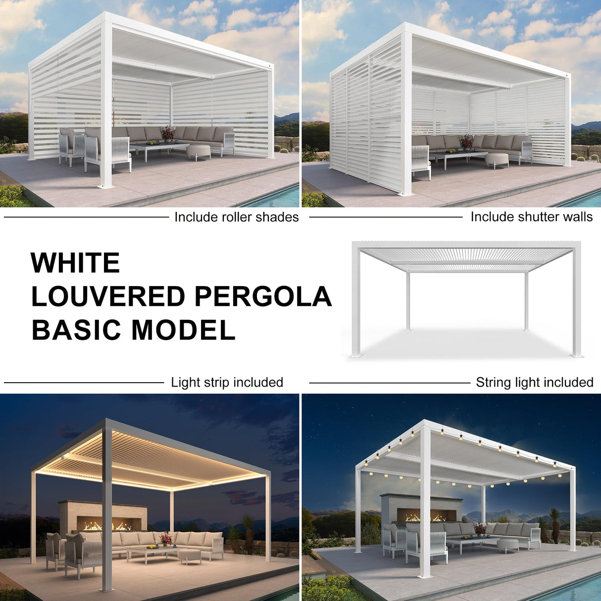 PURPLE LEAF Louvered Pergola 12' x 16' Outdoor White Aluminum Pergola with Fixed Shutter Wall Adjustable Roof Gazebo for Patio Backyard, 1 Long Side and 1 Short Side PURPLE LEAF