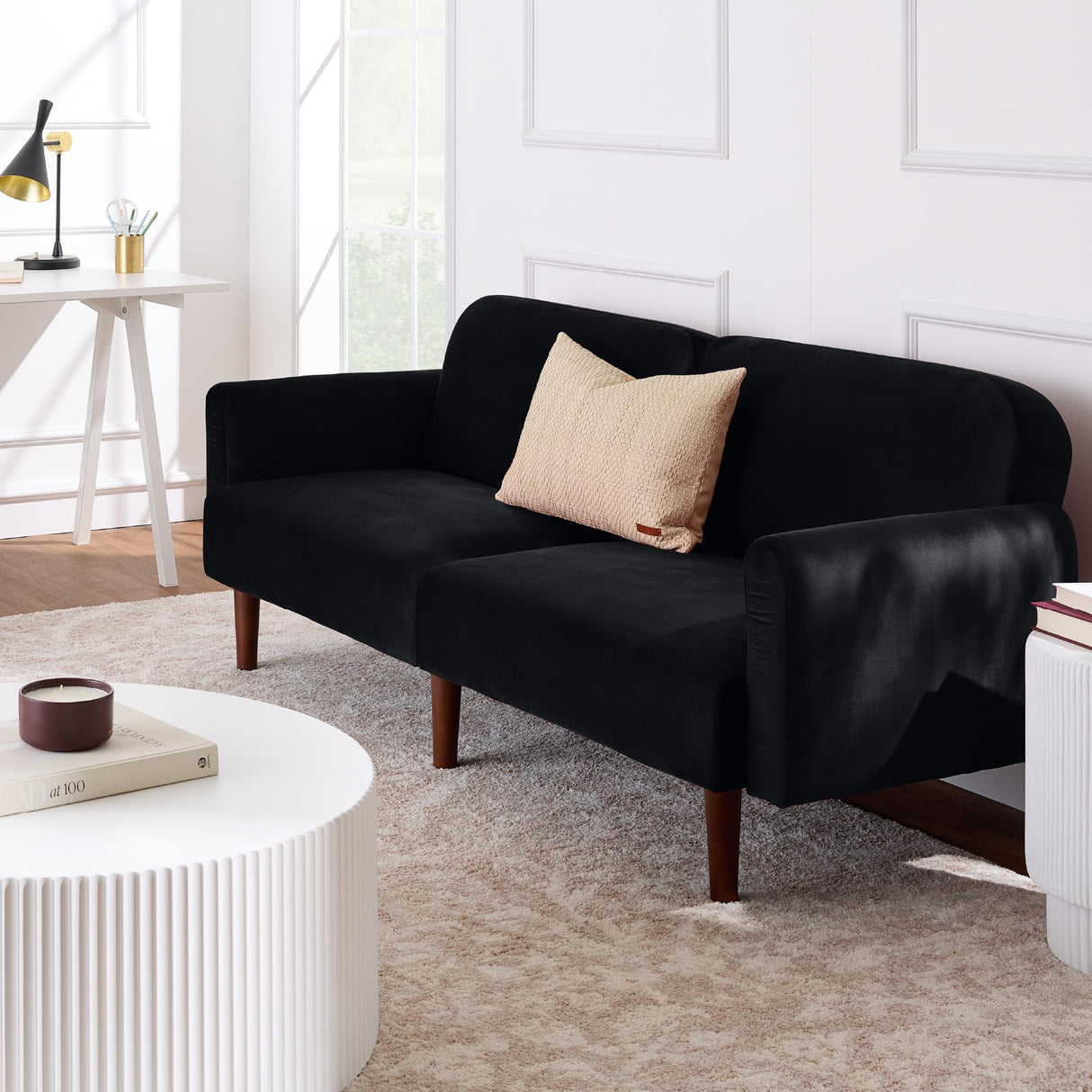 Best Choice Products 77" Mid Century Modern Velvet Loveseat Sofa, Couch, Convertible Sofa Sleeper Bed w/Real Wood, Removable Armrest - Onyx Black Best Choice Products