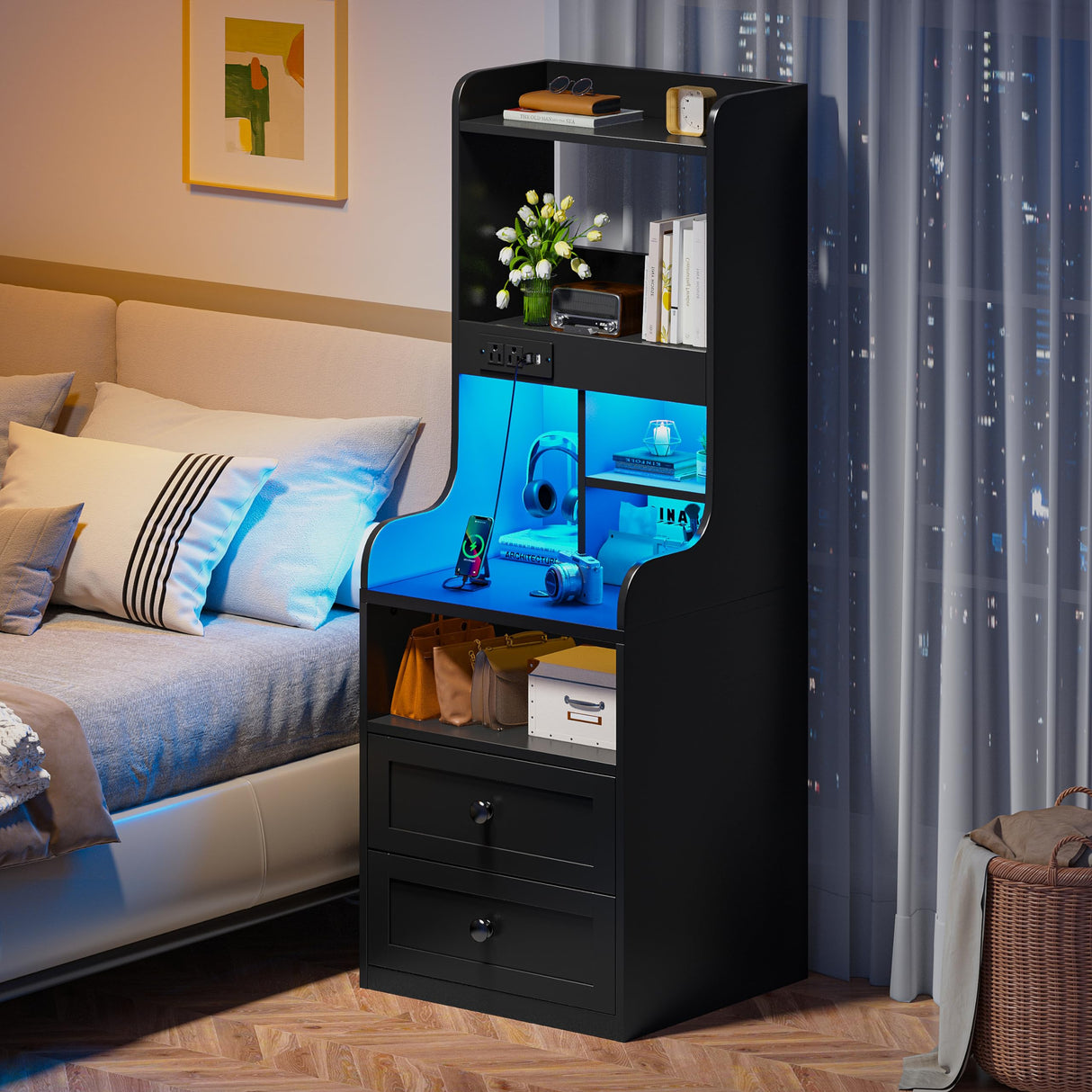 EnHomee Tall Nightstand with USB Ports, 20-Color LED Lights & 2 Drawers - Black Farmhouse Design EnHomee