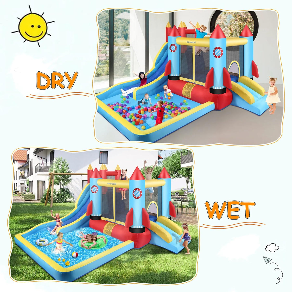 AKEYDIY Bounce House Water Slide Rocket Blast- 13X12ft Inflatable Water Slides Park for Kids 3-12, Large Adventure Water Park W/Pool,Climbing Wall,Bouncer Area/Water Bounce House for Kids Backyard AKEYDIY