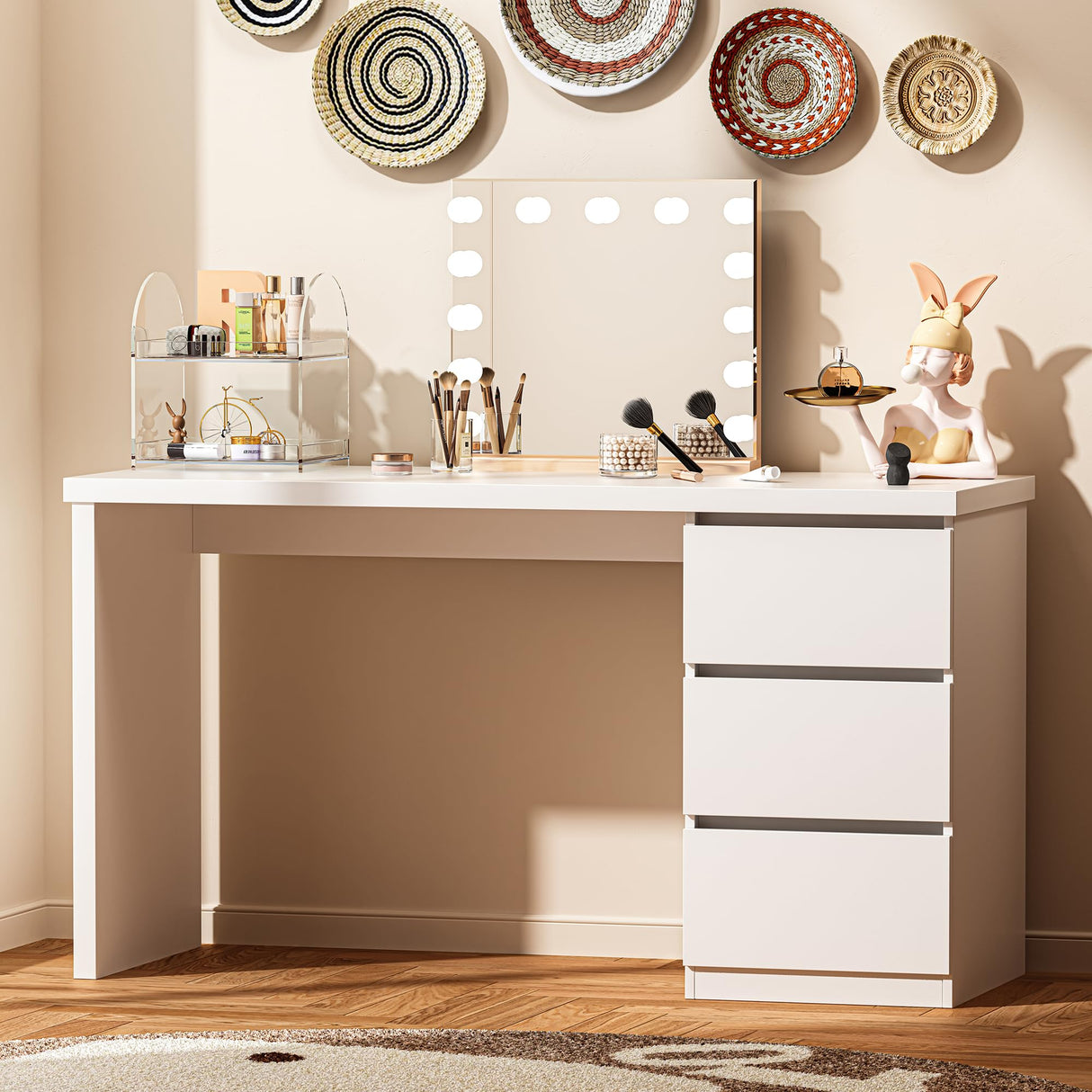 furtble White Desk with Drawers, 53'' W Home Office Computer Desk Gaming Table, Modern Vanity Desk with storage, Wood Writing Workstation for Bedroom, Living Room furtble