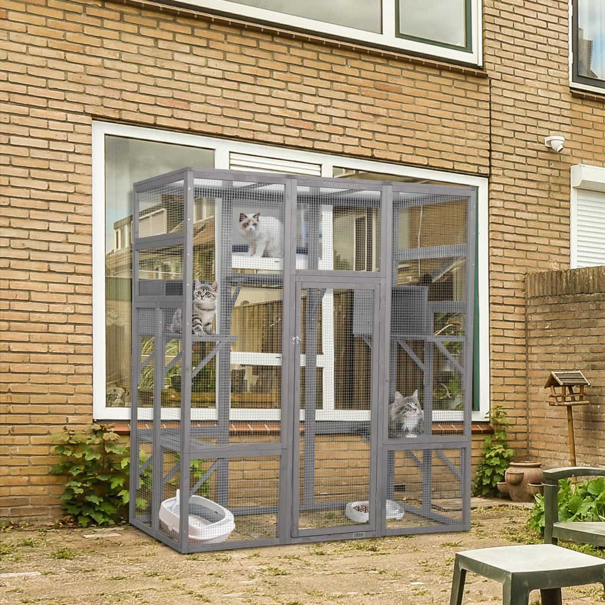 ISDAY Extra Large Outdoor Cat House Wooden Cat Cage Waterproof Roof Catio Outdoor Cat Enclosure - Cat Play & Run Enclosures Cat Playpen Window Cats Crate with 7 Platform and 2 Resting Box (Gray) Generic