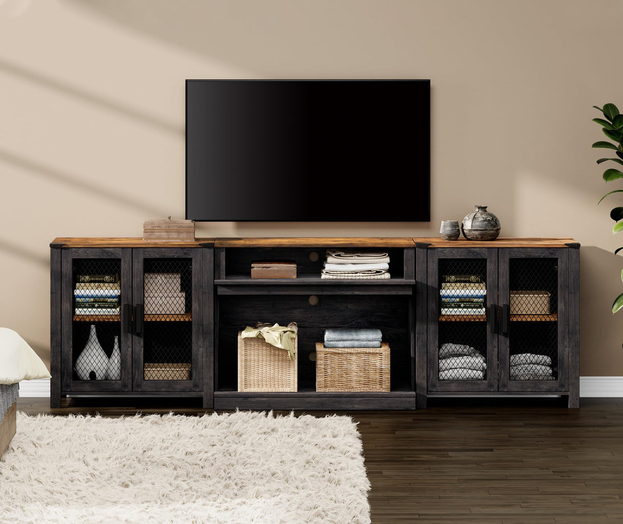 WAMPAT 2 in 1 TV Stand Set for 100 inch TV, Farmhouse Entertainment Center with 4 Mesh Door and Open Storage Shelves, Wood Media TV Console Table for Dining and Bedroom,Dark Walnut and Black WAMPAT