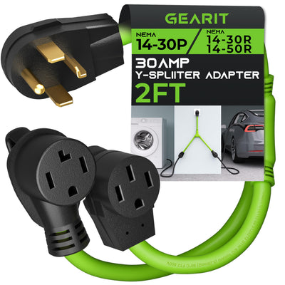 GEARit 30 Amp Dryer Y Splitter to RV/EV (NEMA 14-30P Male Plug to 14-30R / 14-50R Female Receptacle) 4-Prong Adapter Cord - 2.2 Feet