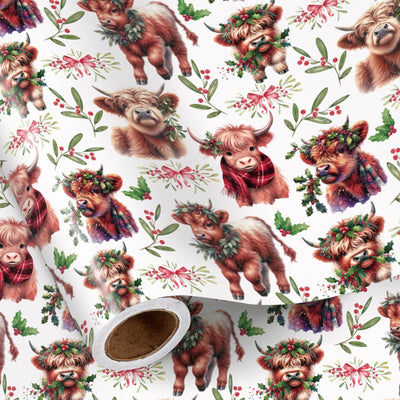 RUSPEPA Christmas Cow Wrapping Paper Roll, Mini Roll, Cute Highland Cow with Wreath & Scarf, Floral and Greenery, Gift Wrap for Kids, Women, Family, Farmhouse Style Xmas Gifts, 17 Inches x 16.4 Feet