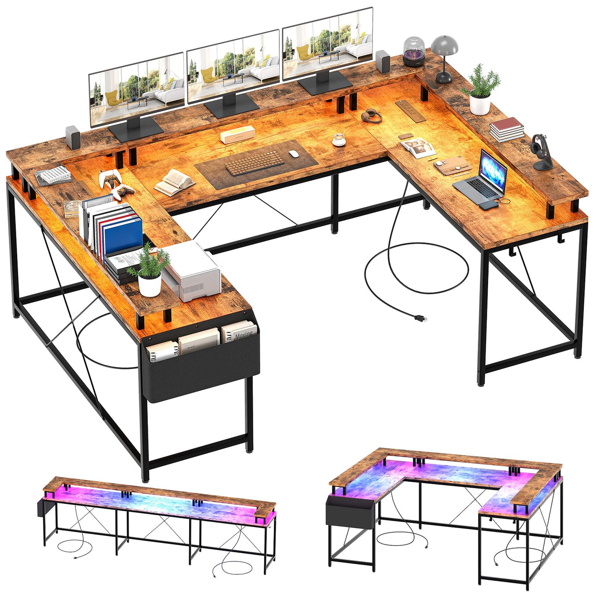GarveeHome U Shaped Desk with Power Outlets & LED Lights, 79 in Reversible L Shaped Desk, Corner Computer Desk Office Desk with Full Monitor Stand, Rusitc Brown GarveeHome