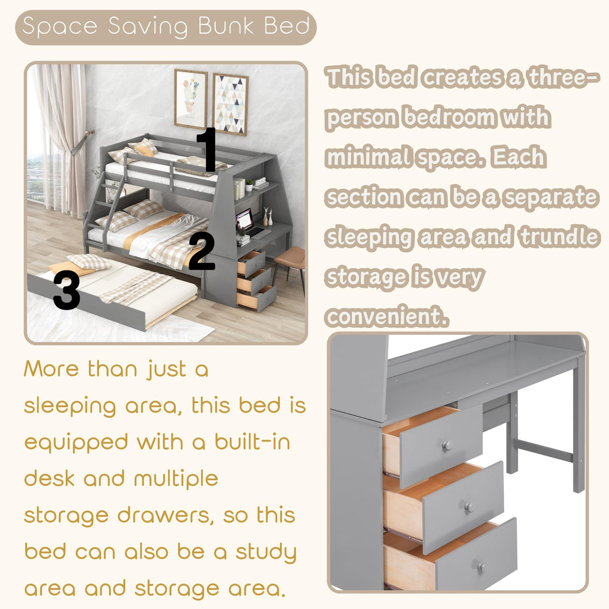 Twin Over Full Bunk Beds with Trundle and Desk Wood Bunk Bed Frame with Three Storage Drawers and One Shelf for Kids Boys Girls Teens, Gray Bellemave