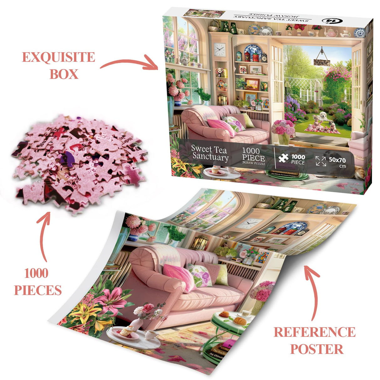 Tea Time Cabin Puzzle 1000 Piece for Adults, Book Cozytime Garden Jigsaw Puzzles, Dog Plant Puzzle BBOLDIN