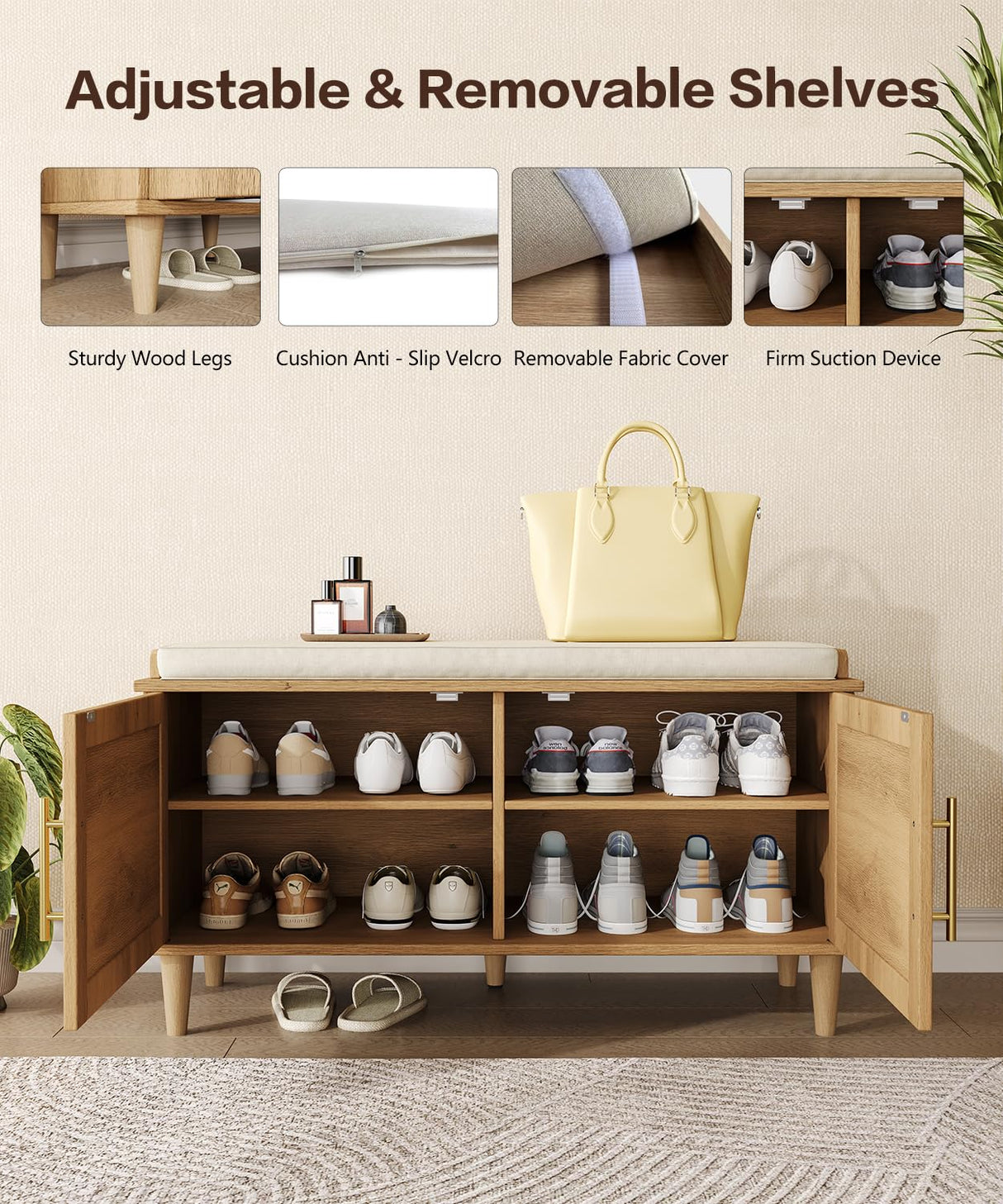 Akxomel Natural Rattan Shoe Storage Bench with Cushion, Entryway Shoe Cabinet Bench with 2 Doors, 15"D x 31.5"W x 20"H, Wooden Shoe Organizer, Adjustable Shelf, Solid Wood Legs, for Hallway, Bedroom Akxomel