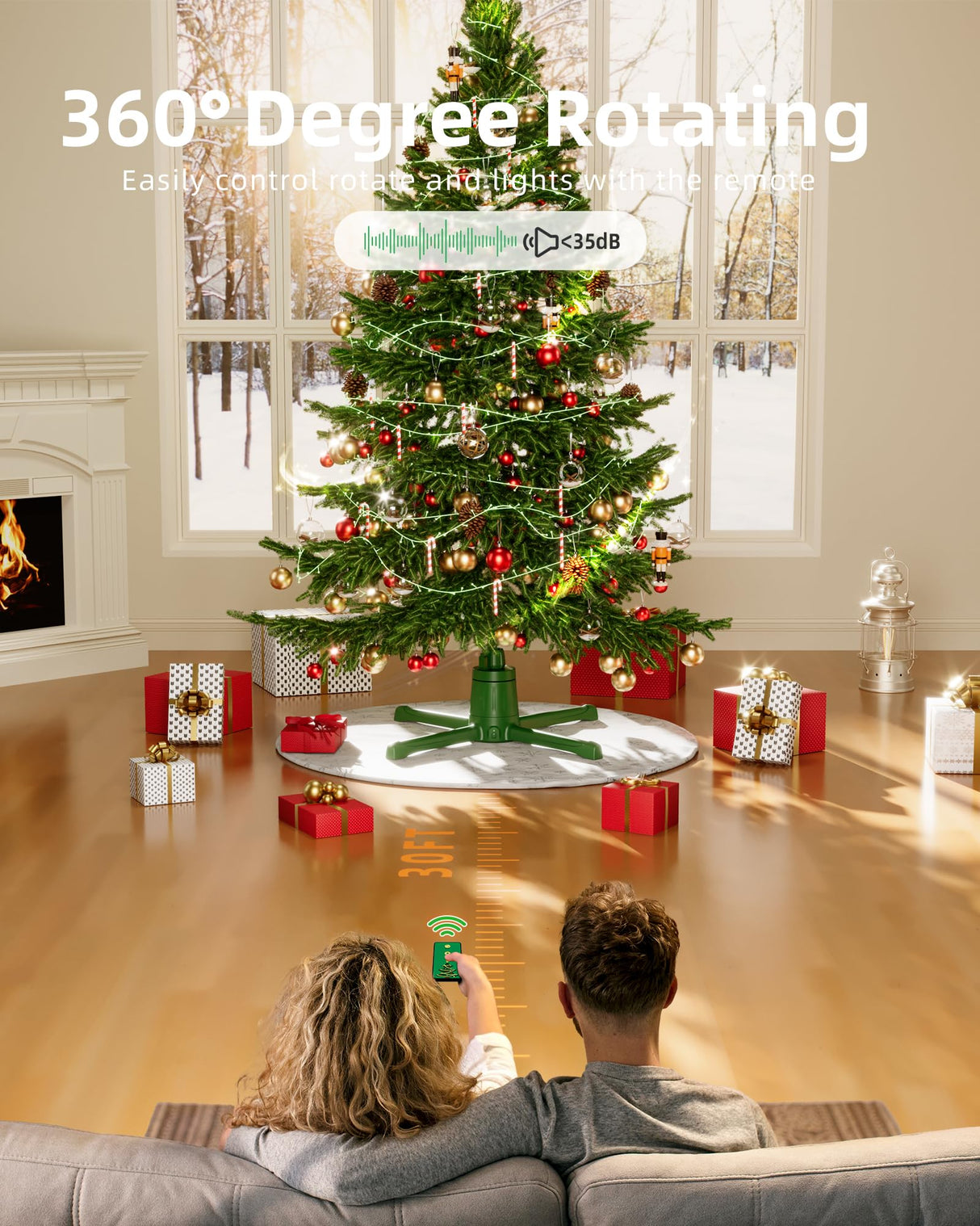 HOPOCO 2024 Upgrade Rotating Christmas Tree Stand for 6ft 7.5ft 9ft Artificial Tree, 4 Built-in Electric Outlets Xmas Tree Stand with Remote Control, 360 Degree Revolving Tree Base Holder HOPOCO