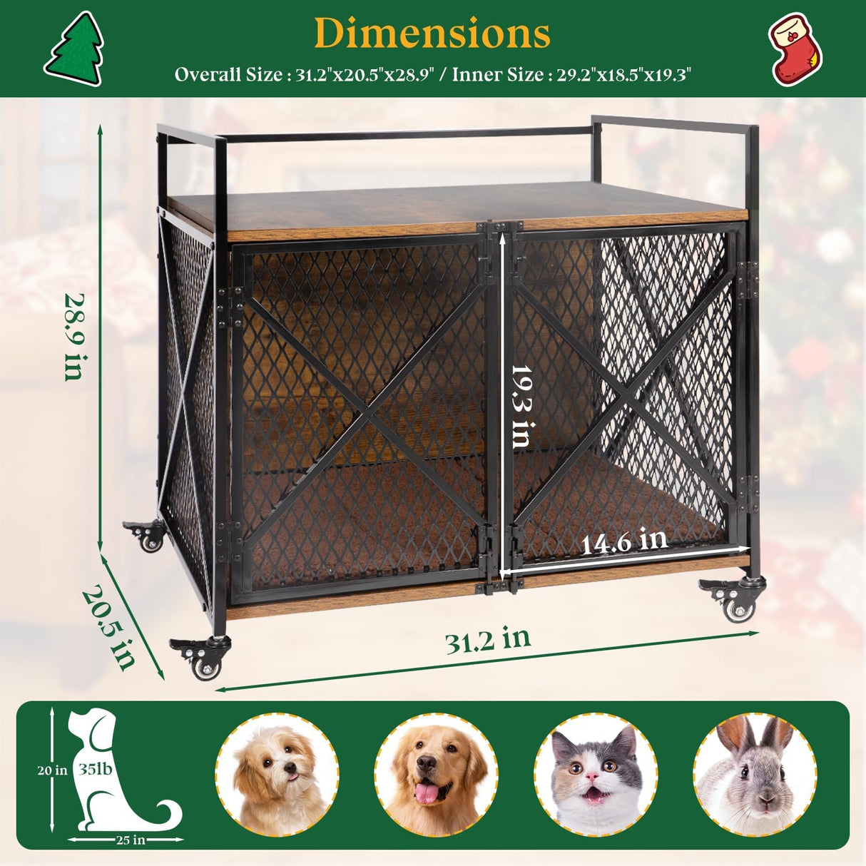 31'' Dog Crate Furniture, Wooden Dog Crates for Medium Dogs, Heavy Duty Dog Kennel Indoor with Lockable Wheels, Furniture Style Dog Cage for Living Room,Rustic Brown Gowoodhut