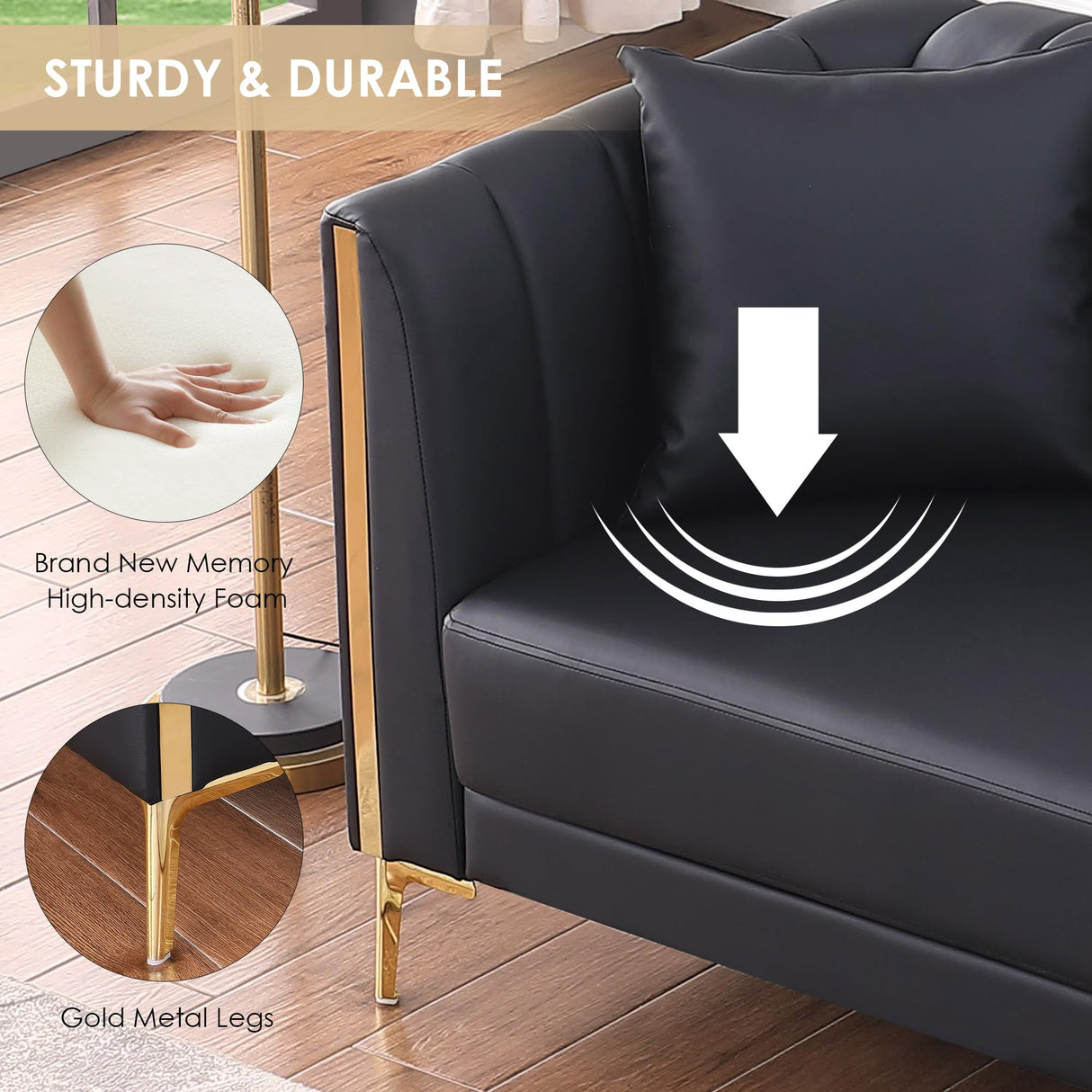 FOTOSOK 78'' Sofa, Black Sofas Couches for Living Room, Comfy Sofa Faux Leather Sofa 3 Seater Sofa with 2 Throw Pillows and Gold Metal Legs, Deep Seat Sofas for Living Room (Black) FOTOSOK