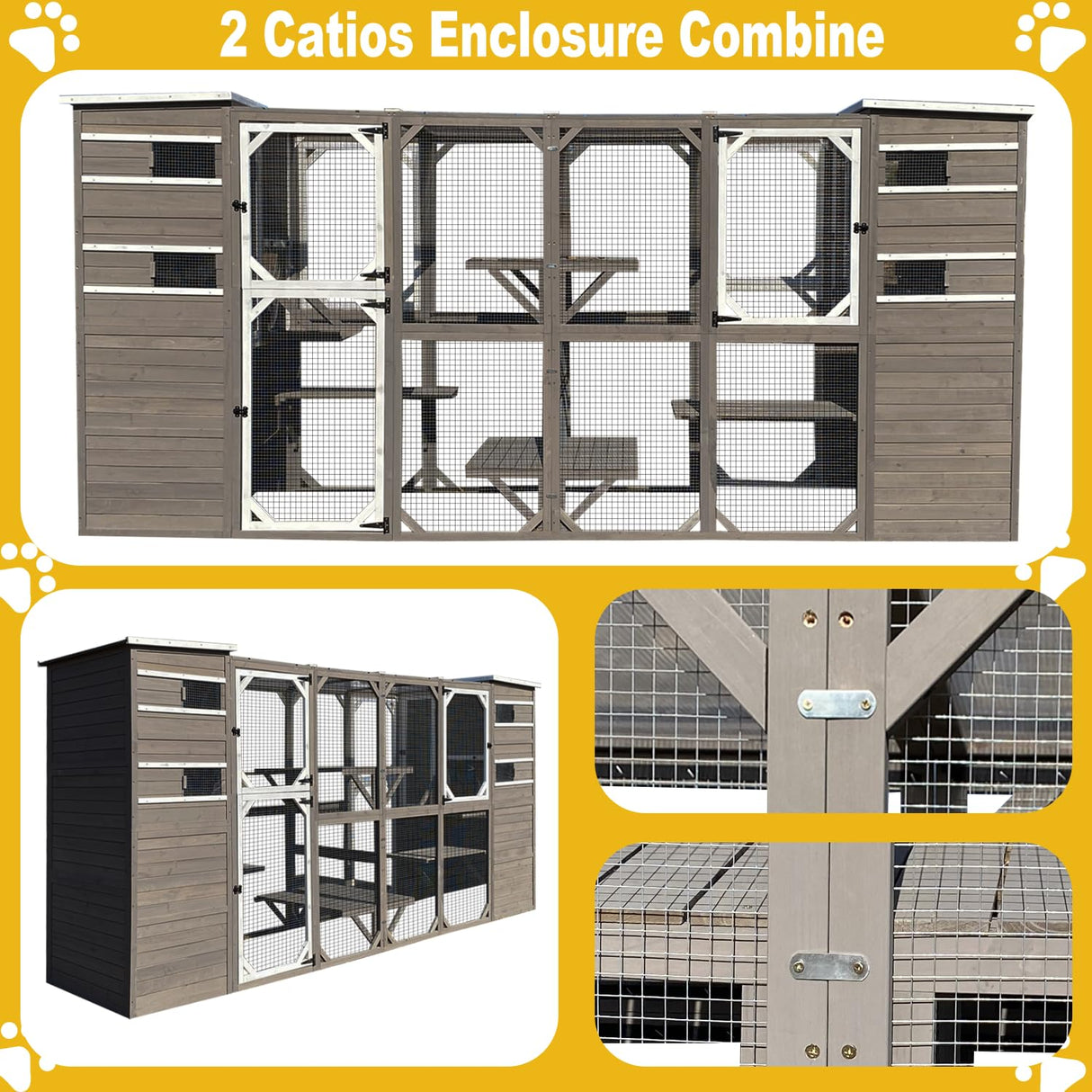 Gowoodhut Large Outdoor Catio Enclosures - Wooden Cat House Weatherproof with Multi Platforms & Weather Resistant Roof, Indoor Interoperability - 71" H 77" L Gowoodhut